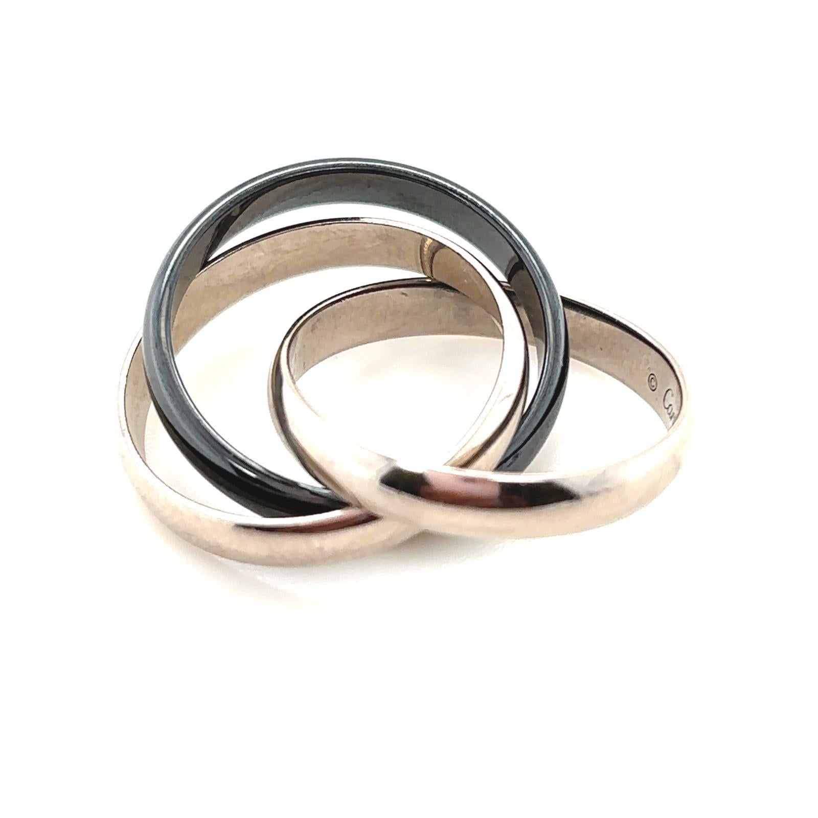 Women's or Men's Cartier Trinity Ring Set in 18 Karat White Gold and Black Ceramic For Sale