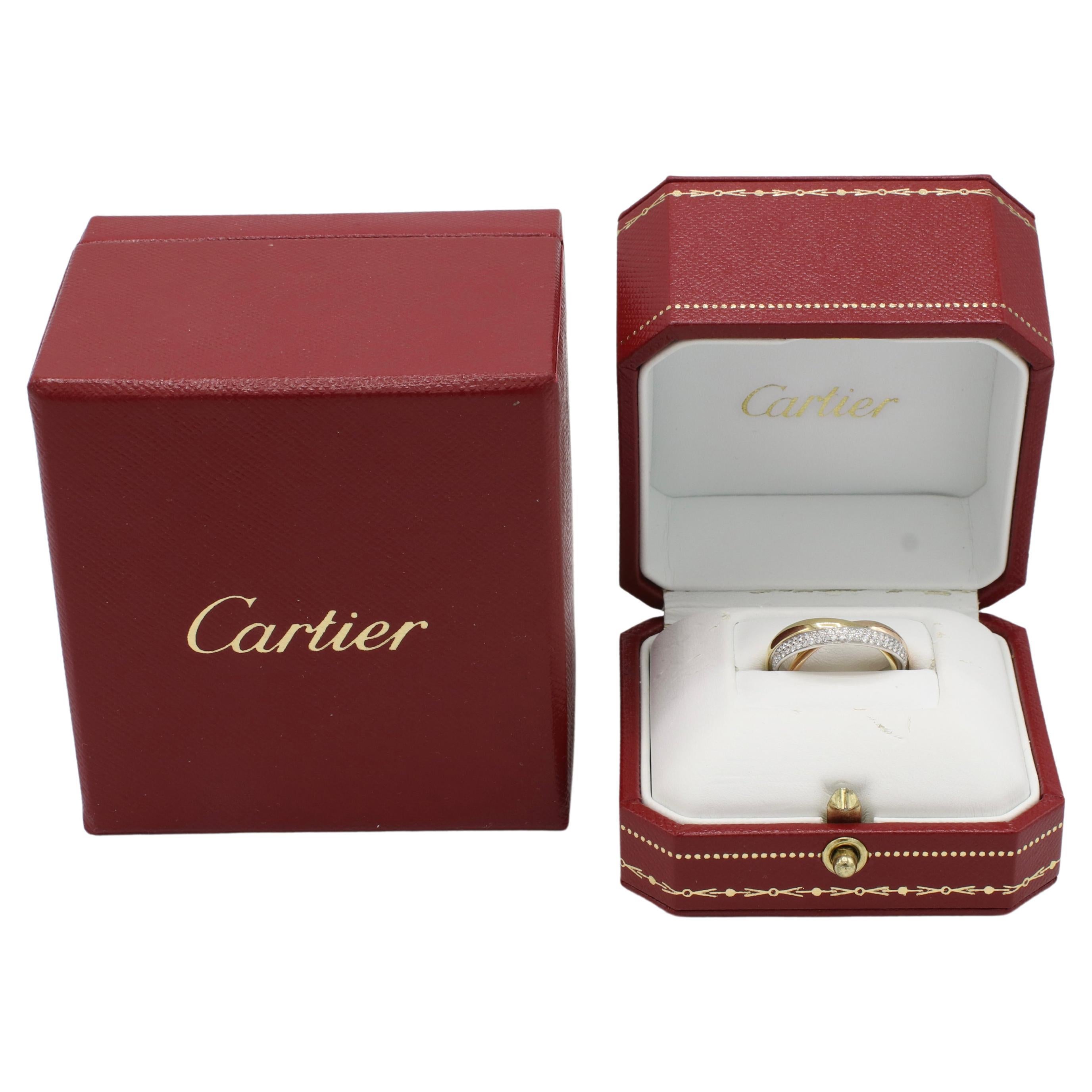 Cartier Trinity Rolling Tri-Color Pave Natural Diamond 18 Karat Gold Band Ring 
Metal: 18k yellow, rose, white gold
Weight: 4.96 grams
Diamonds: Approx. 0.46 CTW round natural diamonds F-G VVS 
Band width: 2.5mm each
Size: 54 (6.75 US)
Retail: