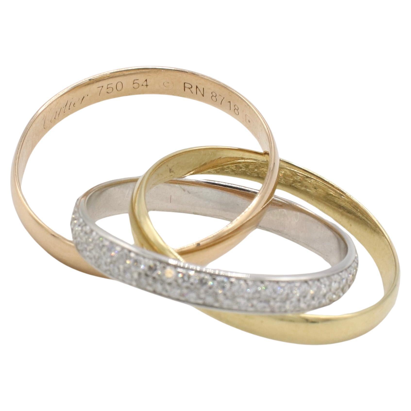 Modern Cartier Trinity Rolling Tri-Color Pave Natural Diamond 18 Karat Gold Band Ring 
