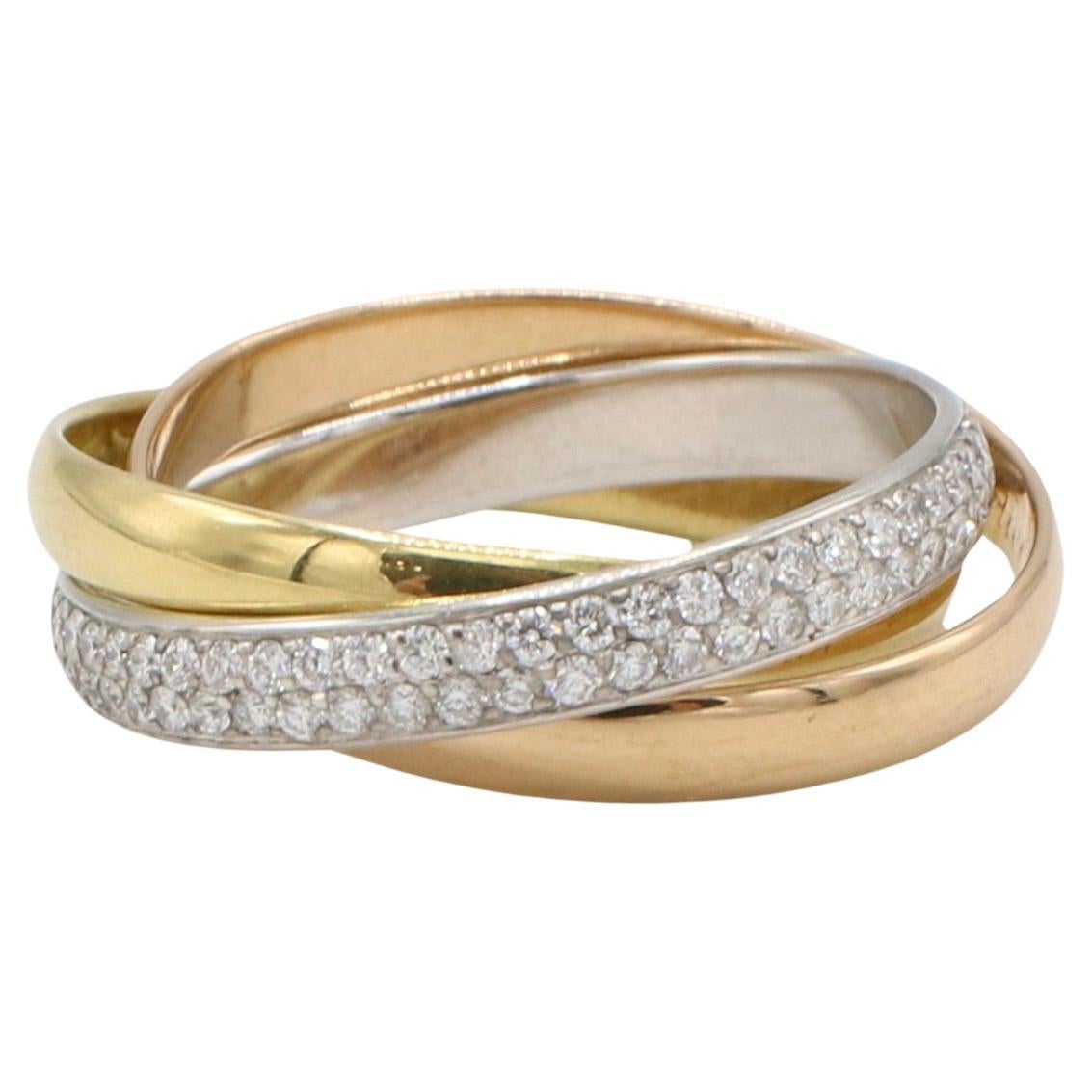 Cartier Trinity Rolling Tri-Color Pave Natürlicher Diamant 18 Karat Gold Bandring 