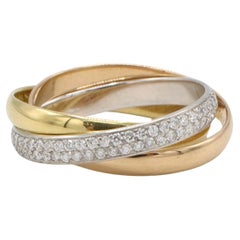 Cartier Trinity Rolling Tri-Color Pave Natural Diamond 18 Karat Gold Band Ring 