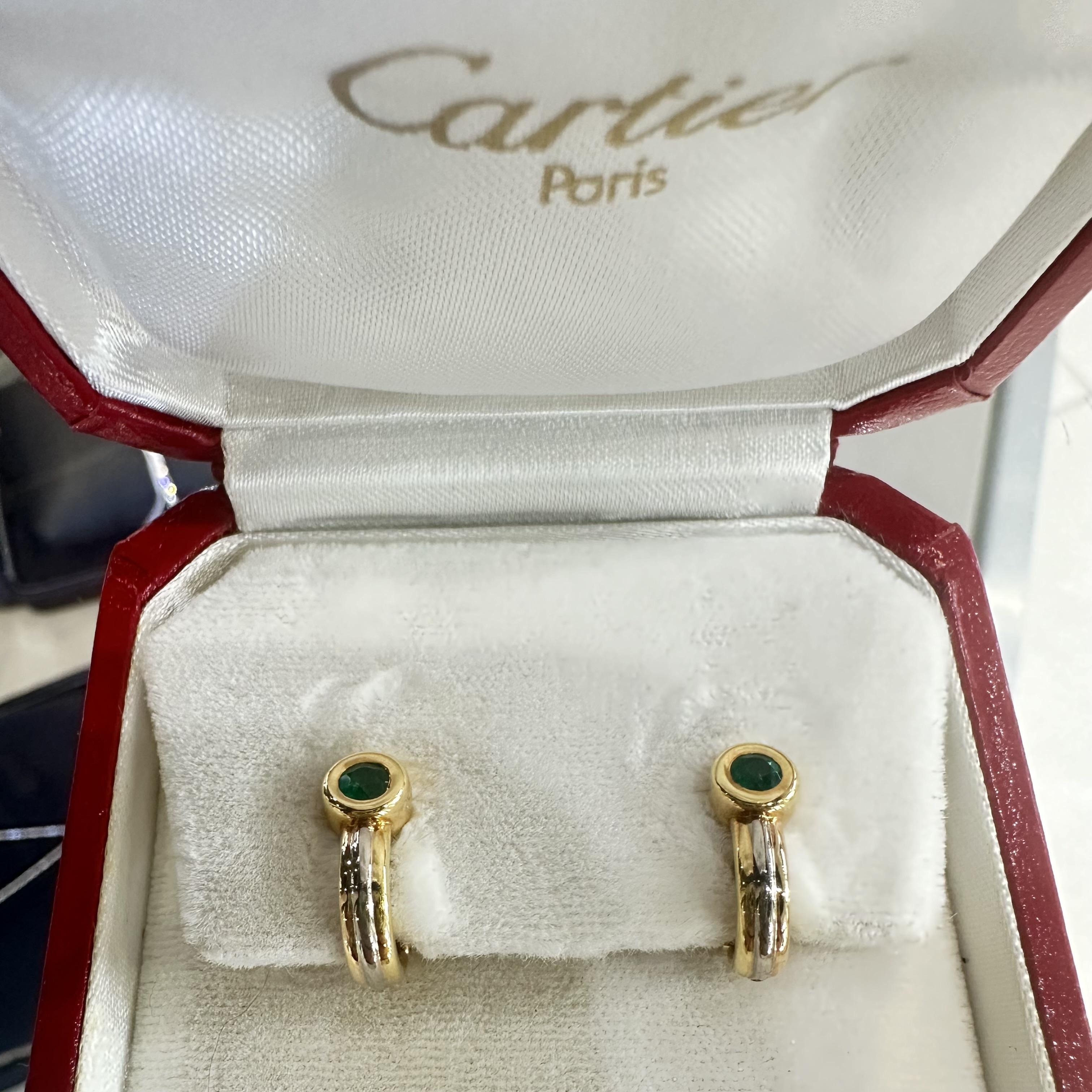 Cartier Trinity Rose, Yellow, and White Gold Emerald Earrings, Vintage In Good Condition In Miami, FL