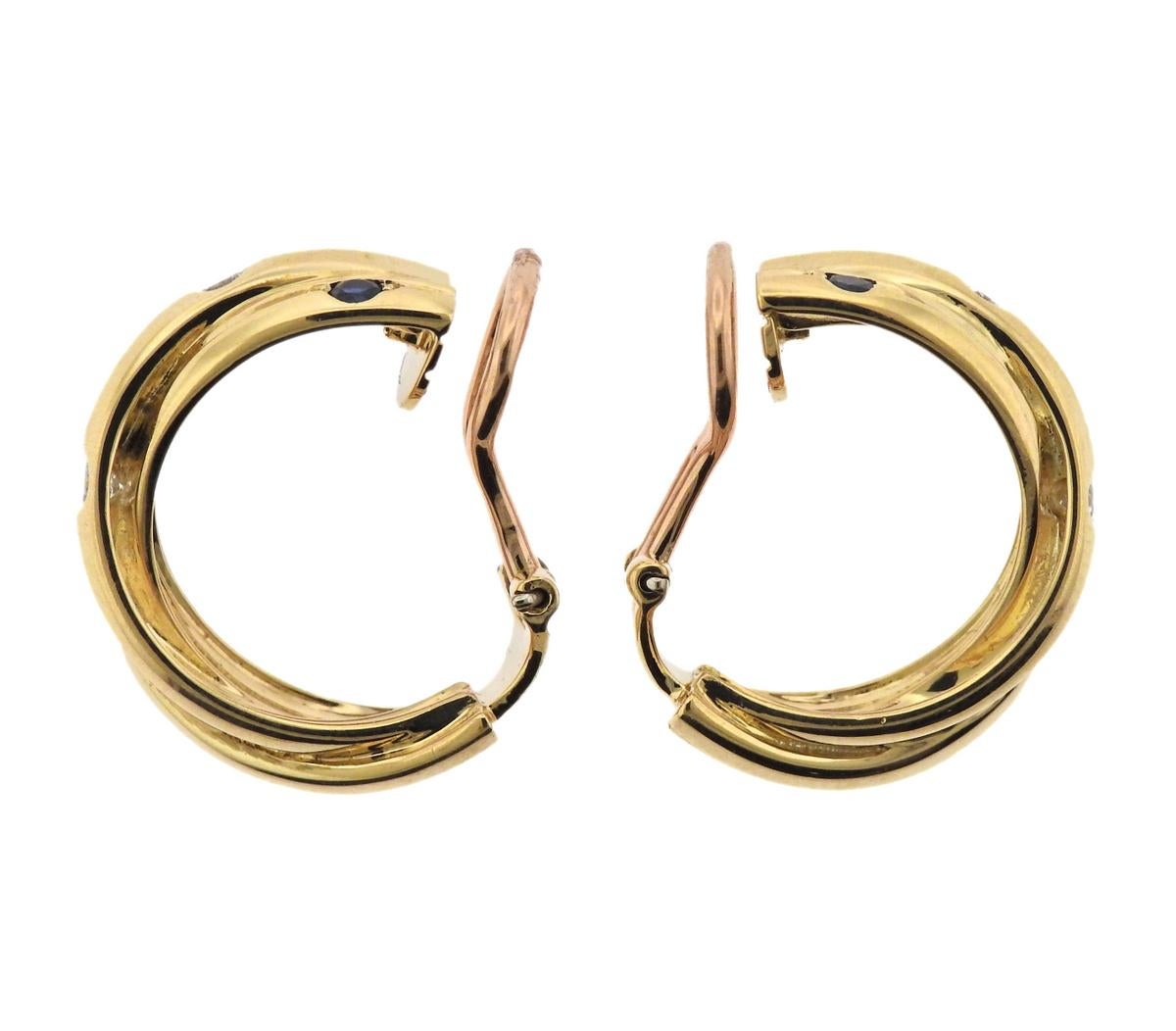 Cartier Trinity Ruby Sapphire Diamond Gold Hoop Earrings In Excellent Condition In Lambertville, NJ