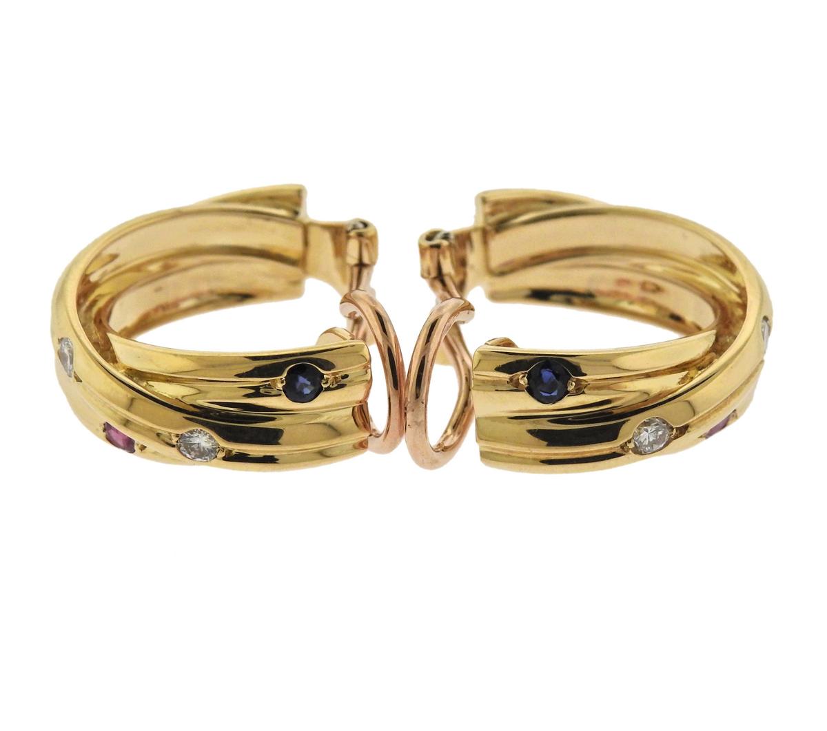 Women's Cartier Trinity Ruby Sapphire Diamond Gold Hoop Earrings