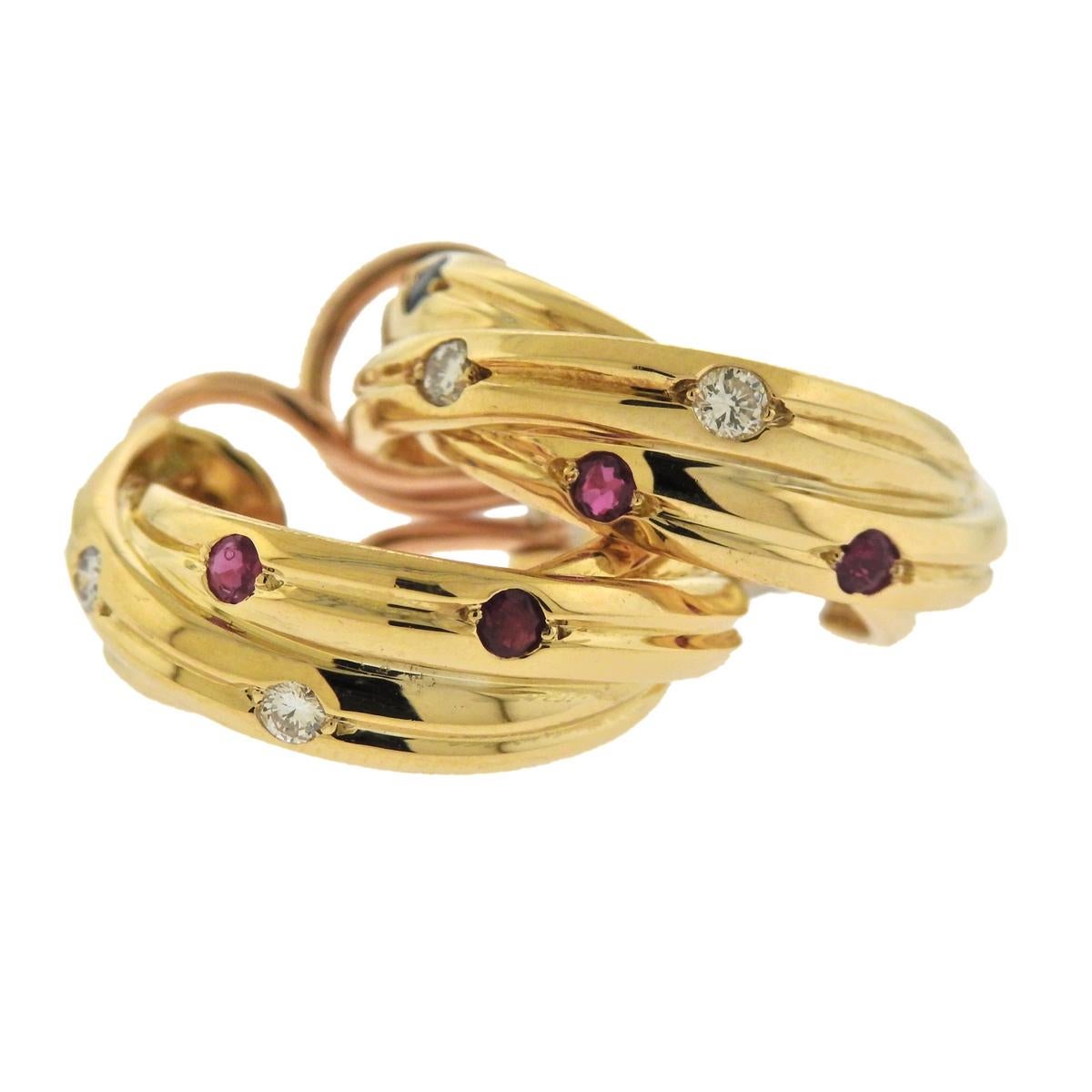 Cartier Trinity Ruby Sapphire Diamond Gold Hoop Earrings