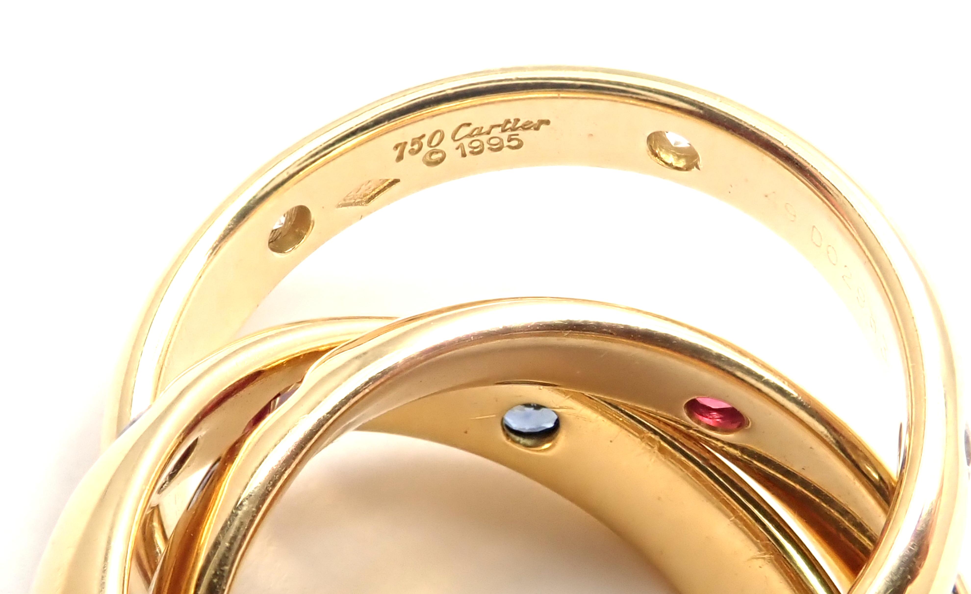 Brilliant Cut Cartier Trinity Ruby Sapphire Diamond Yellow Gold Band Ring