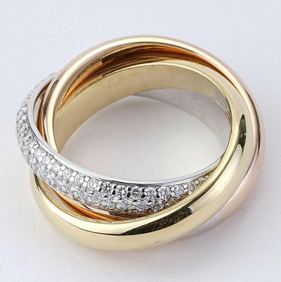 Round Cut Cartier Trinity Semi Pave Band in 18k Tri Color Gold For Sale