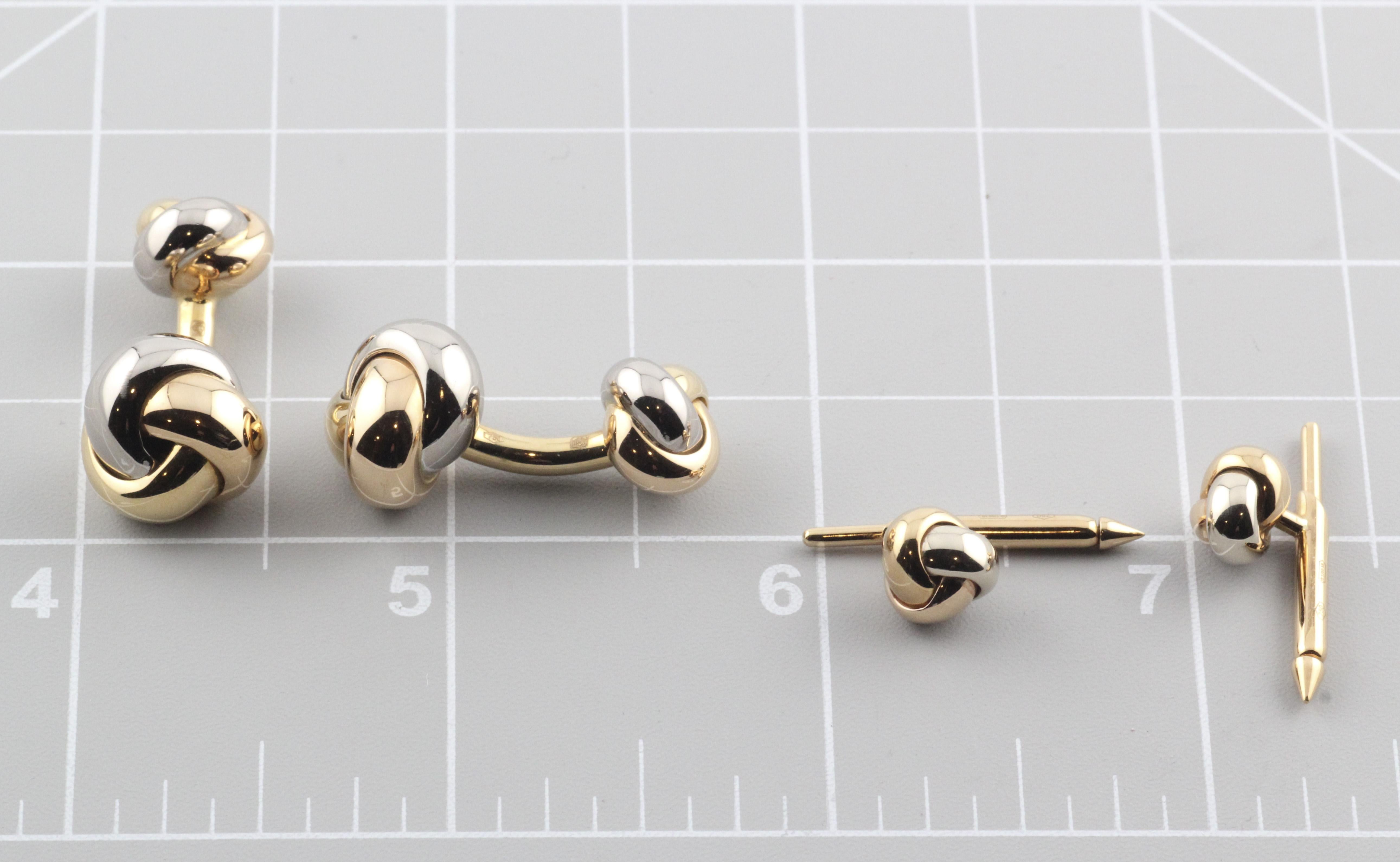 Elevate your formal attire to the pinnacle of elegance and style with the Cartier Trinity Three-Color 18 Karat Gold Knot Cufflink Stud Set. This exquisite ensemble combines Cartier's legendary craftsmanship with the iconic Trinity motif, resulting