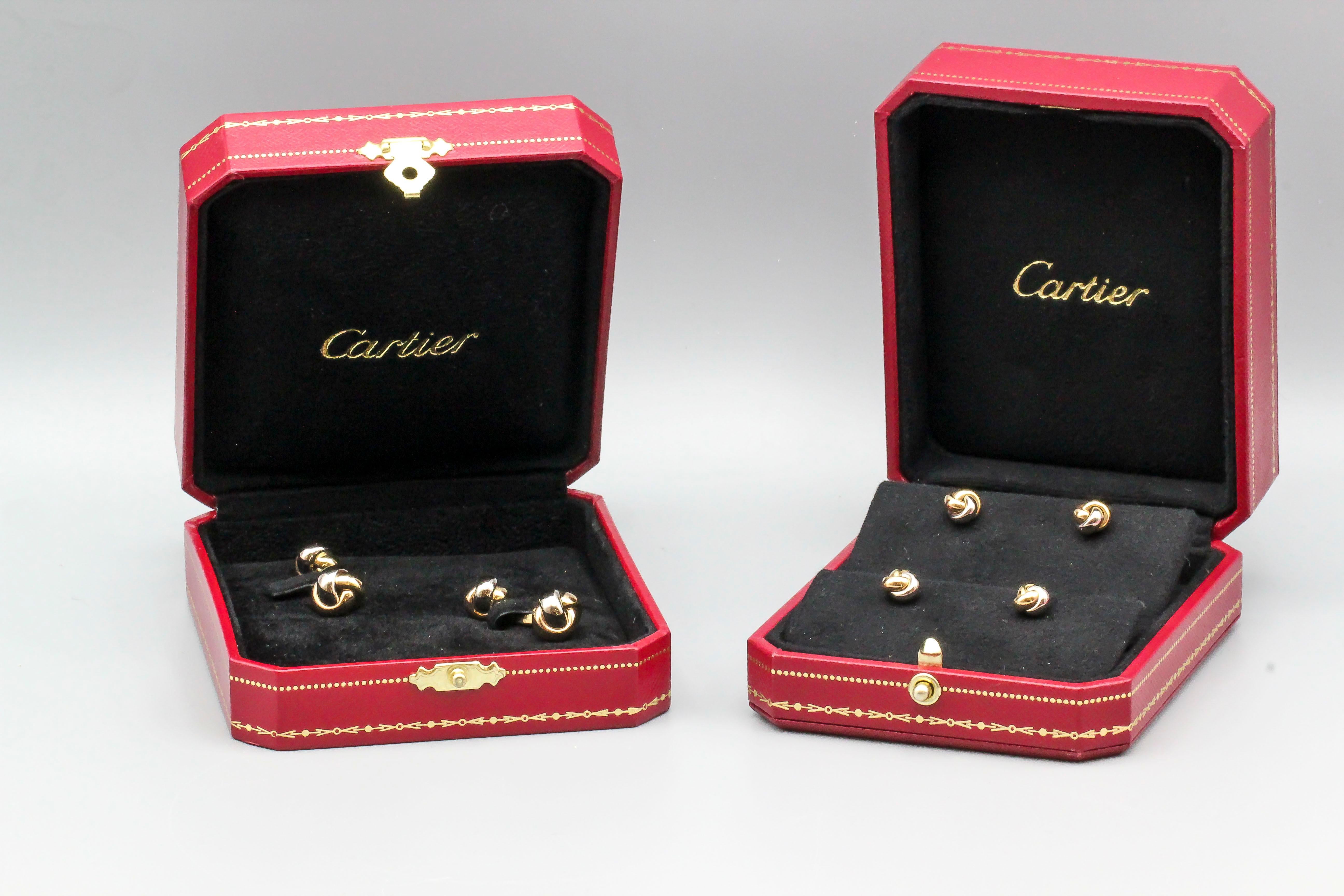 Cartier Trinity Three-Color 18 Karat Gold Knot Cufflink Stud Set In Excellent Condition In New York, NY