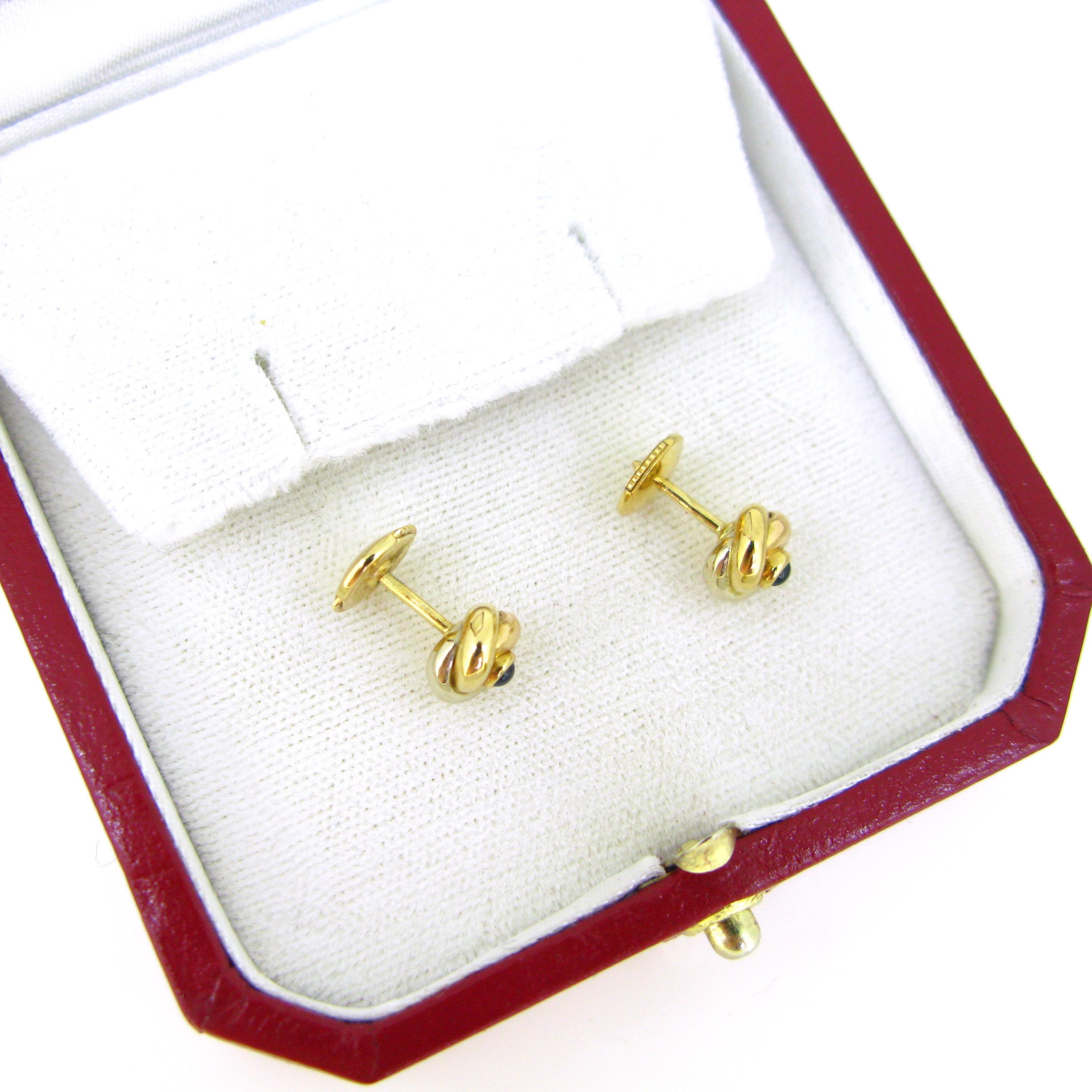 Women's or Men's Cartier Trinity Three Gold Cabochon Sapphire Studs Earrings