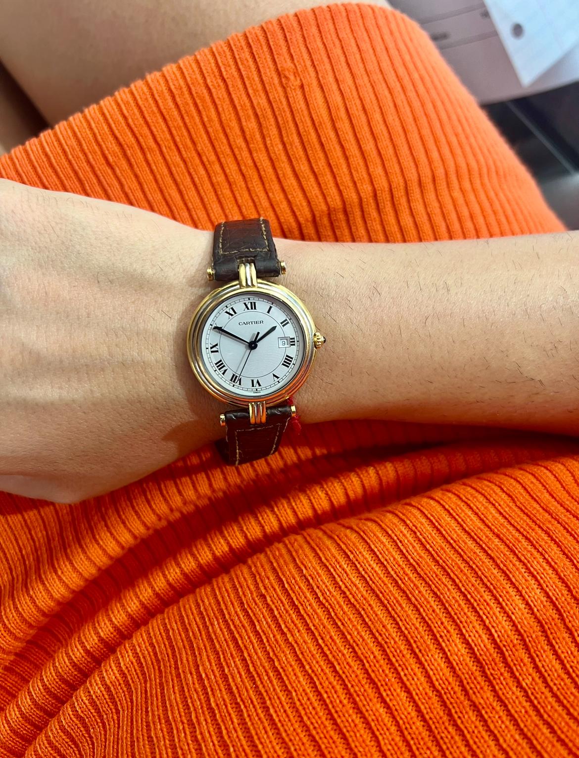 da uomo o donna Orologio Cartier Trinity Tri-Color 30 mm con indicatore di data e cinturino in coccodrillo in vendita
