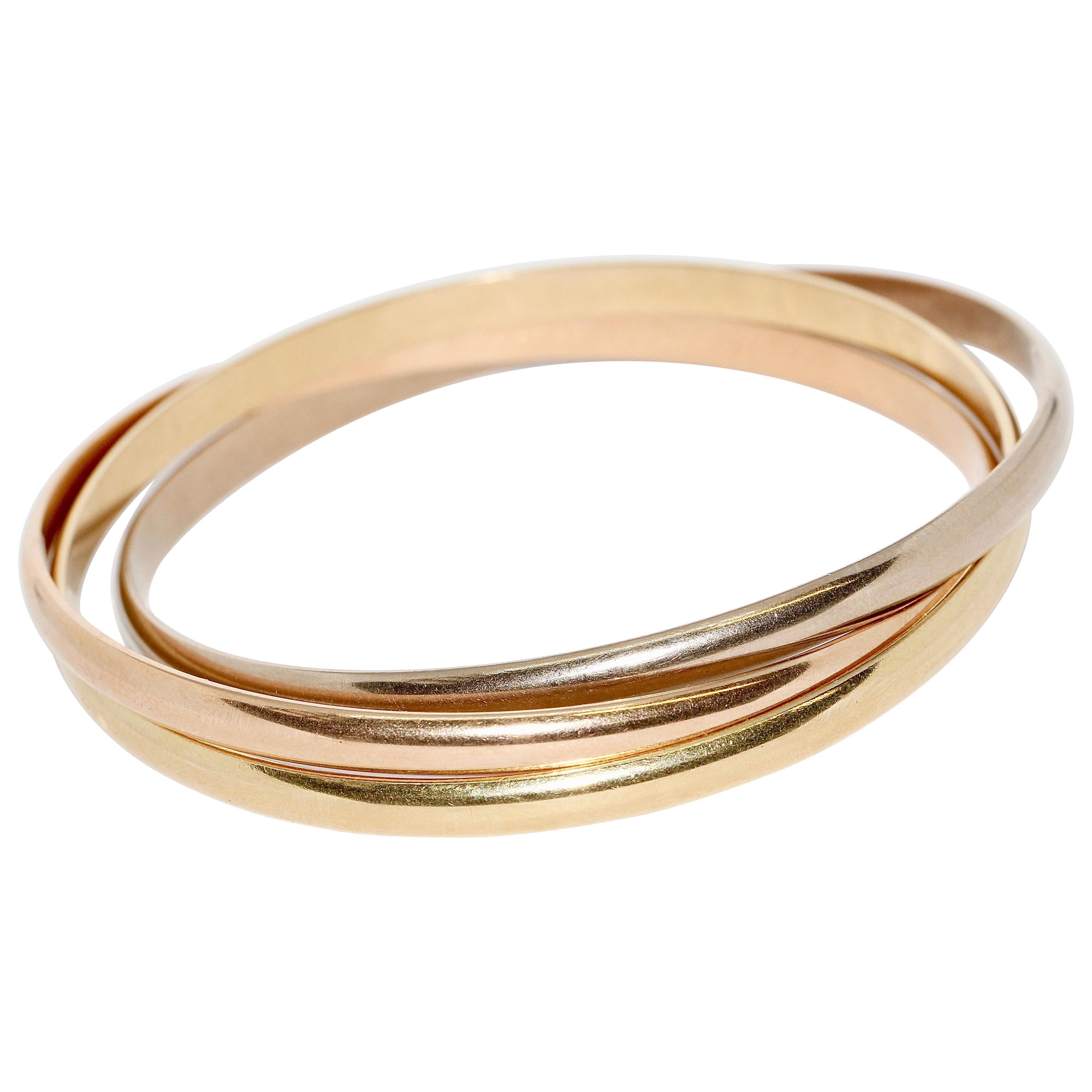 Cartier Trinity Tri-Color Bangle, Bracelet 18 Karat Rose, White and Yellow Gold For Sale