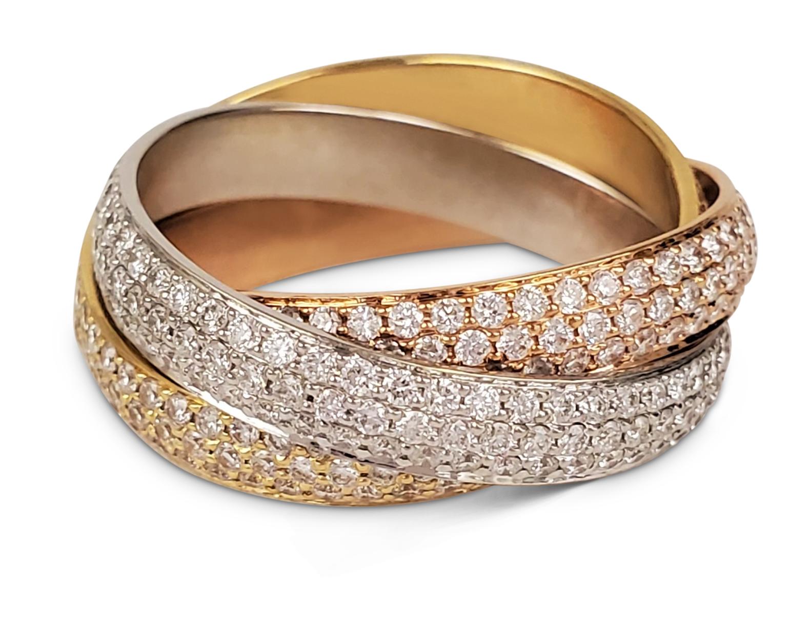 Modern Cartier 'Trinity' Tri-Color Gold and Diamond Pave Ring