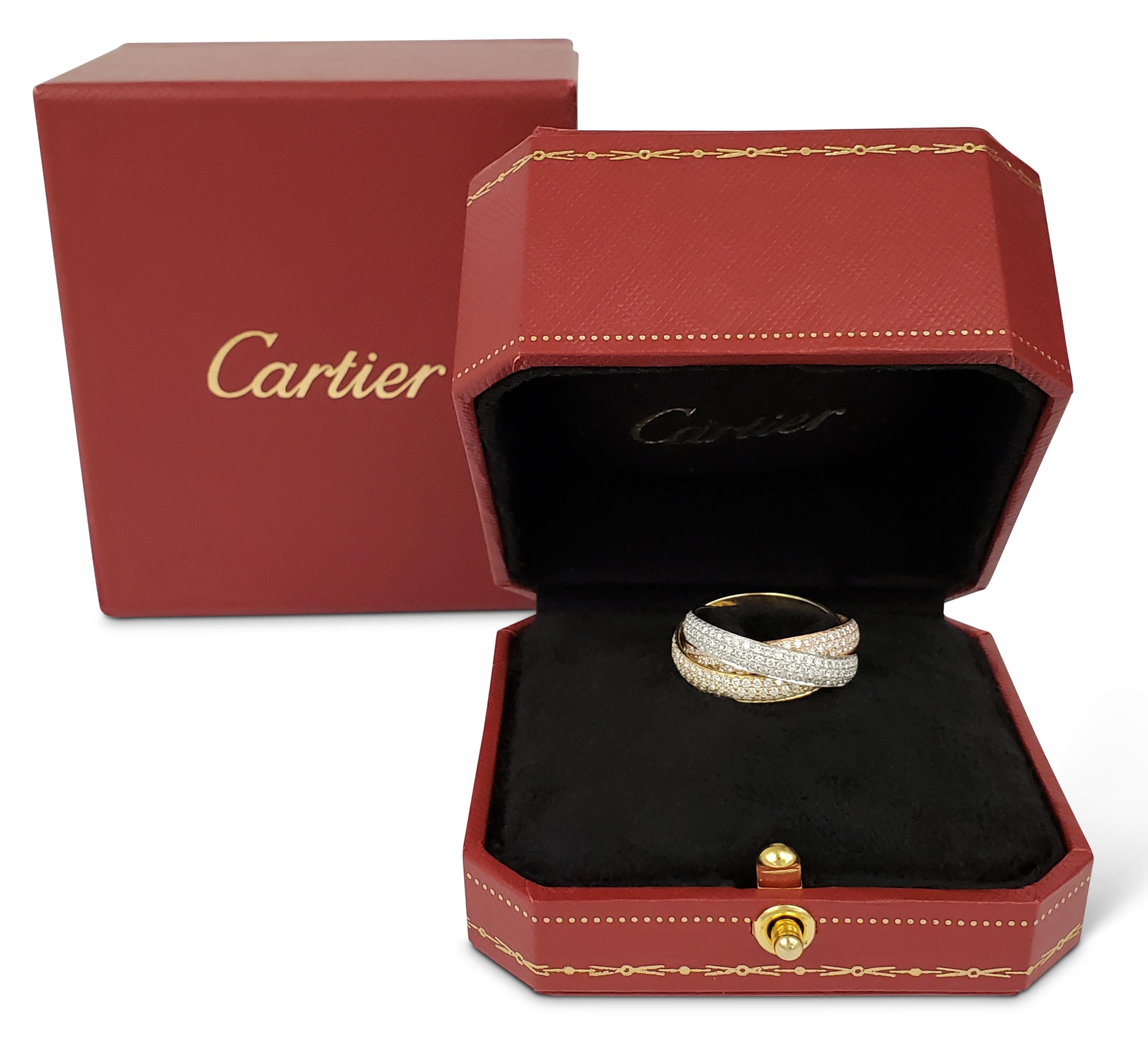 Round Cut Cartier 'Trinity' Tri-Color Gold and Diamond Pave Ring