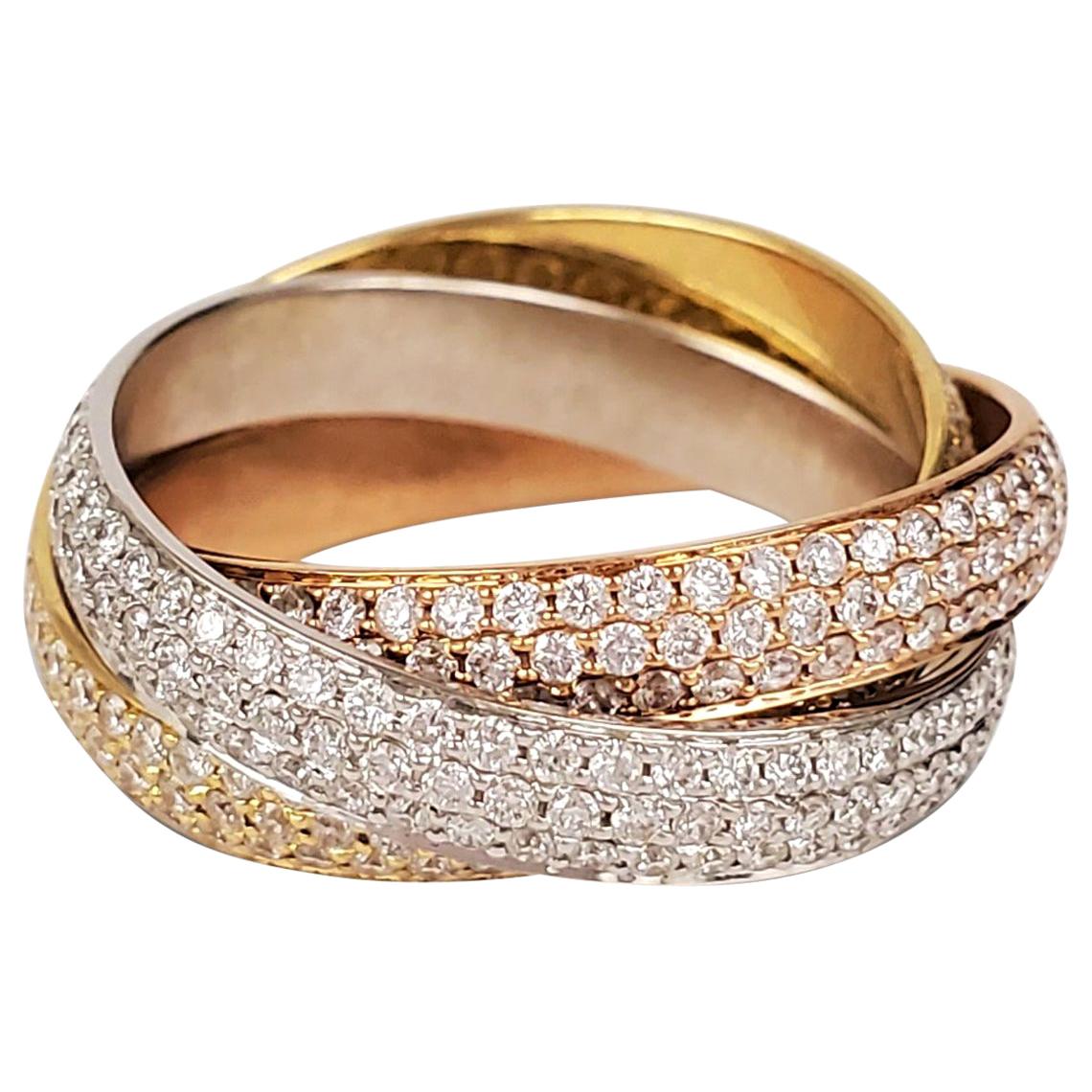 Cartier 'Trinity' Tri-Color Gold and Diamond Pave Rolling Ring