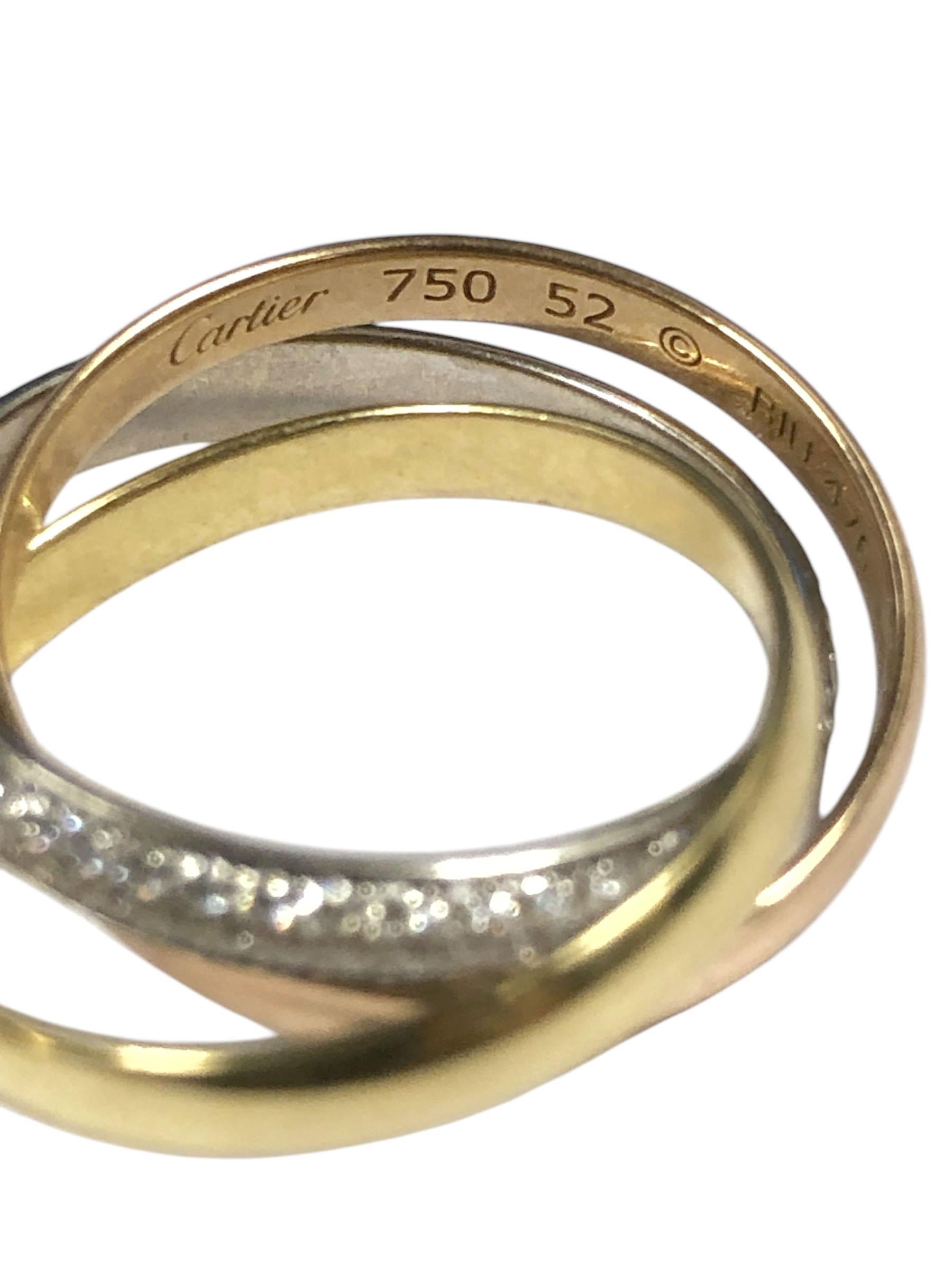 Round Cut Cartier Trinity Tri Color Gold and Diamond Pave triple Band Ring For Sale