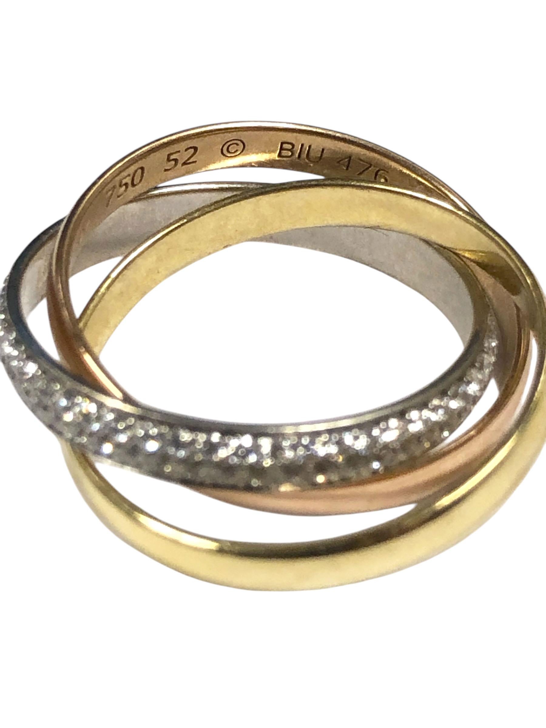 Cartier Trinity Tri Color Gold and Diamond Pave triple Band Ring In Excellent Condition For Sale In Chicago, IL