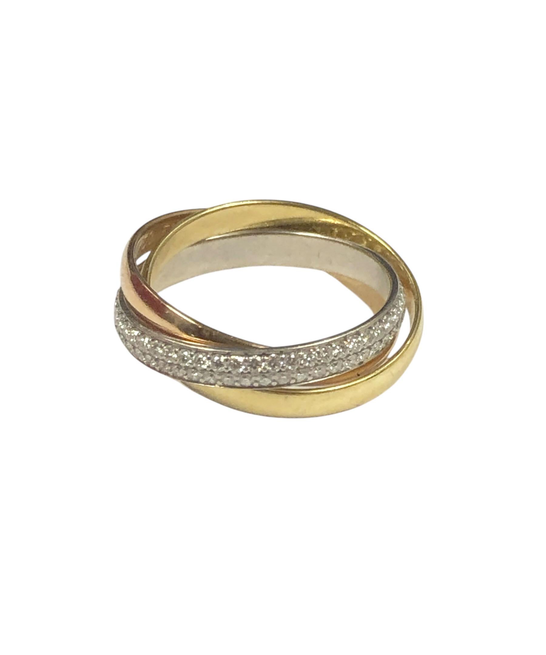 Women's or Men's Cartier Trinity Tri Color Gold and Diamond Pave triple Band Ring For Sale