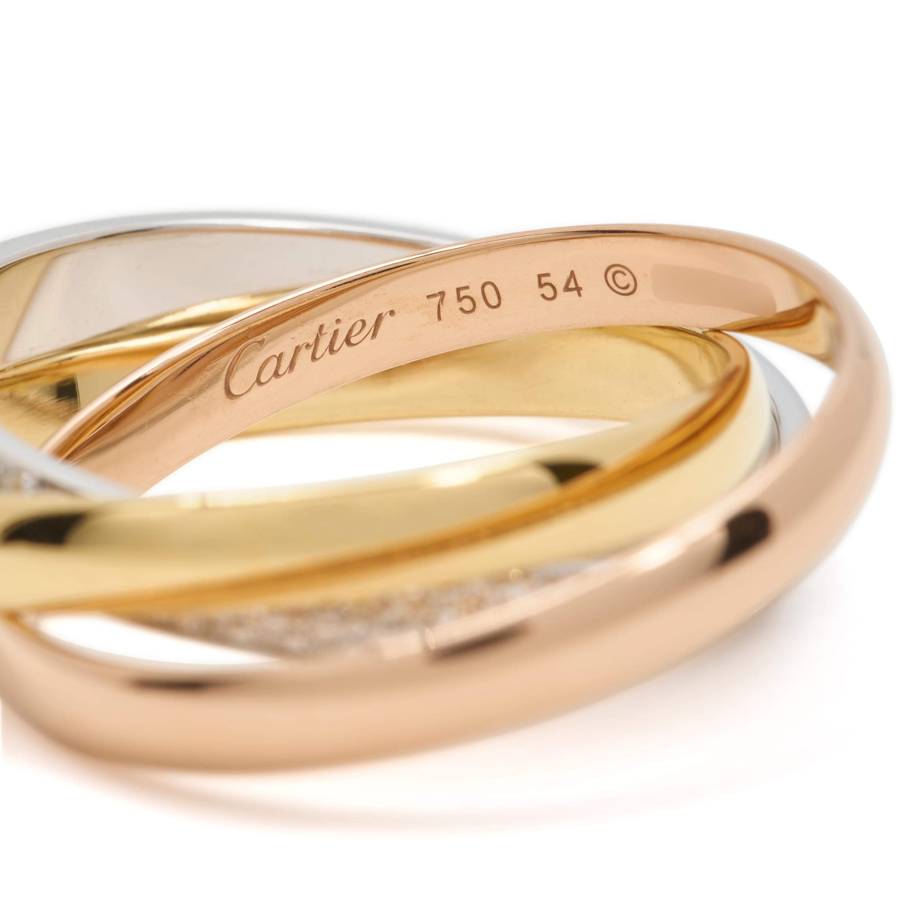 Round Cut Cartier Trinity Tri-Color Gold and Diamond Rolling Ring