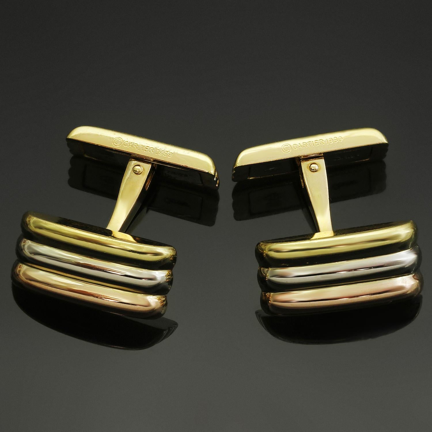 These elegant Cartier cufflinks from the iconic Trinity collection are crafted in 18k yellow, white, and rose gold. Made in France circa 1989. Measurements: 0.70