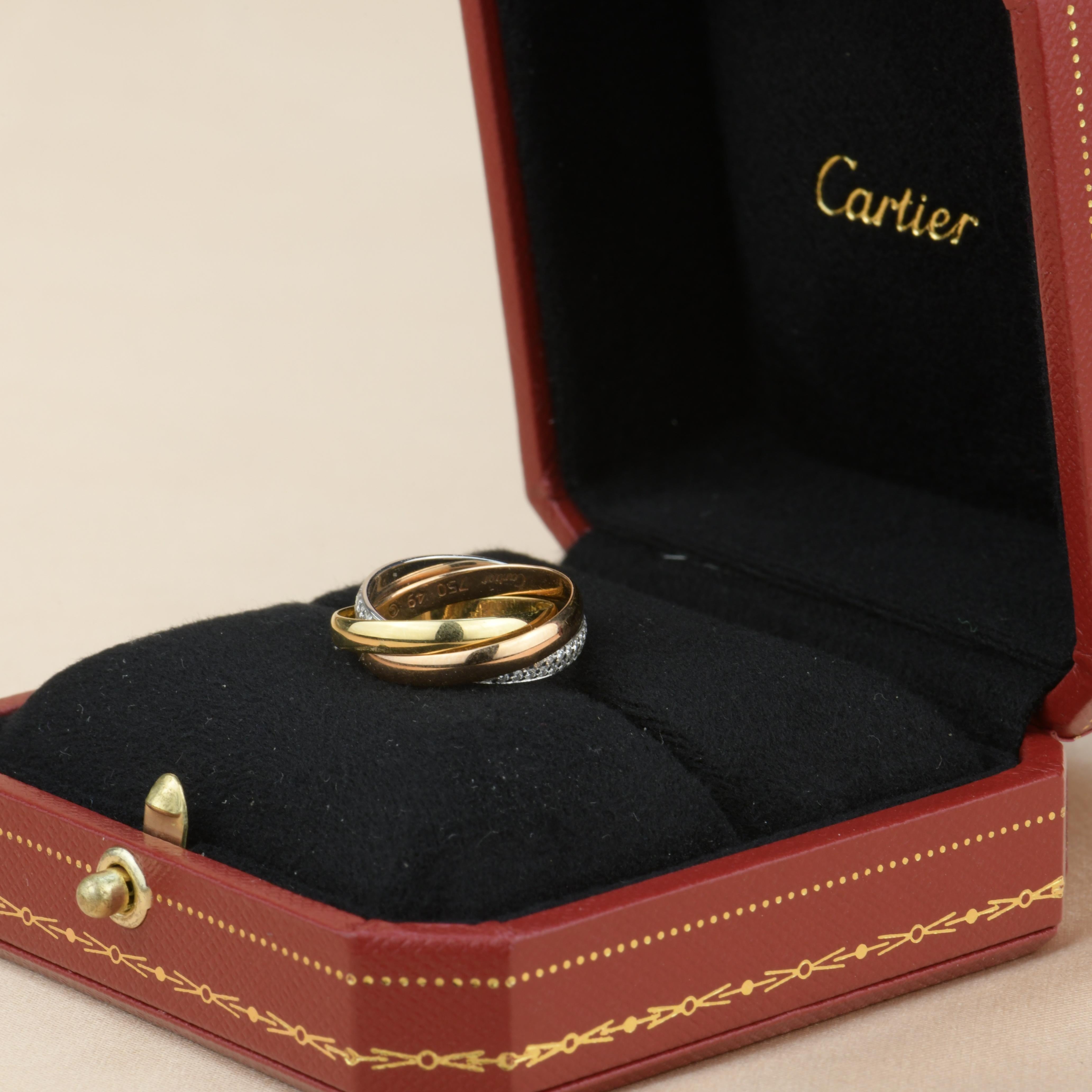 Brilliant Cut Cartier Trinity Tri-Color Gold Diamond Pave Band Ring