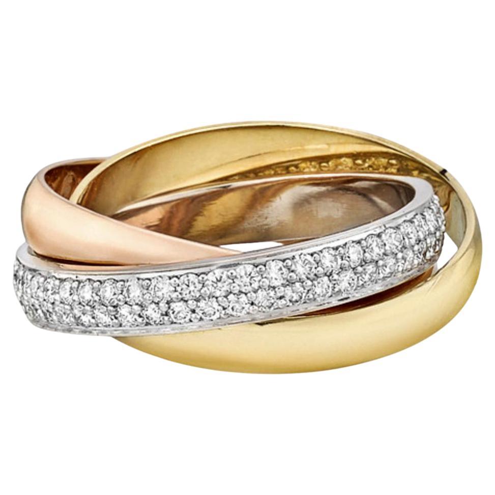 Cartier Trinity Tri-Color Gold Diamond Pave Band Ring