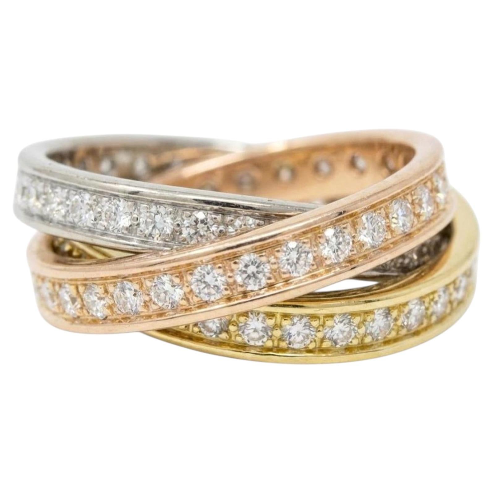 Cartier Trinity Tri-Color Gold Diamond Wedding Band Ring 2.50 CTW 18K