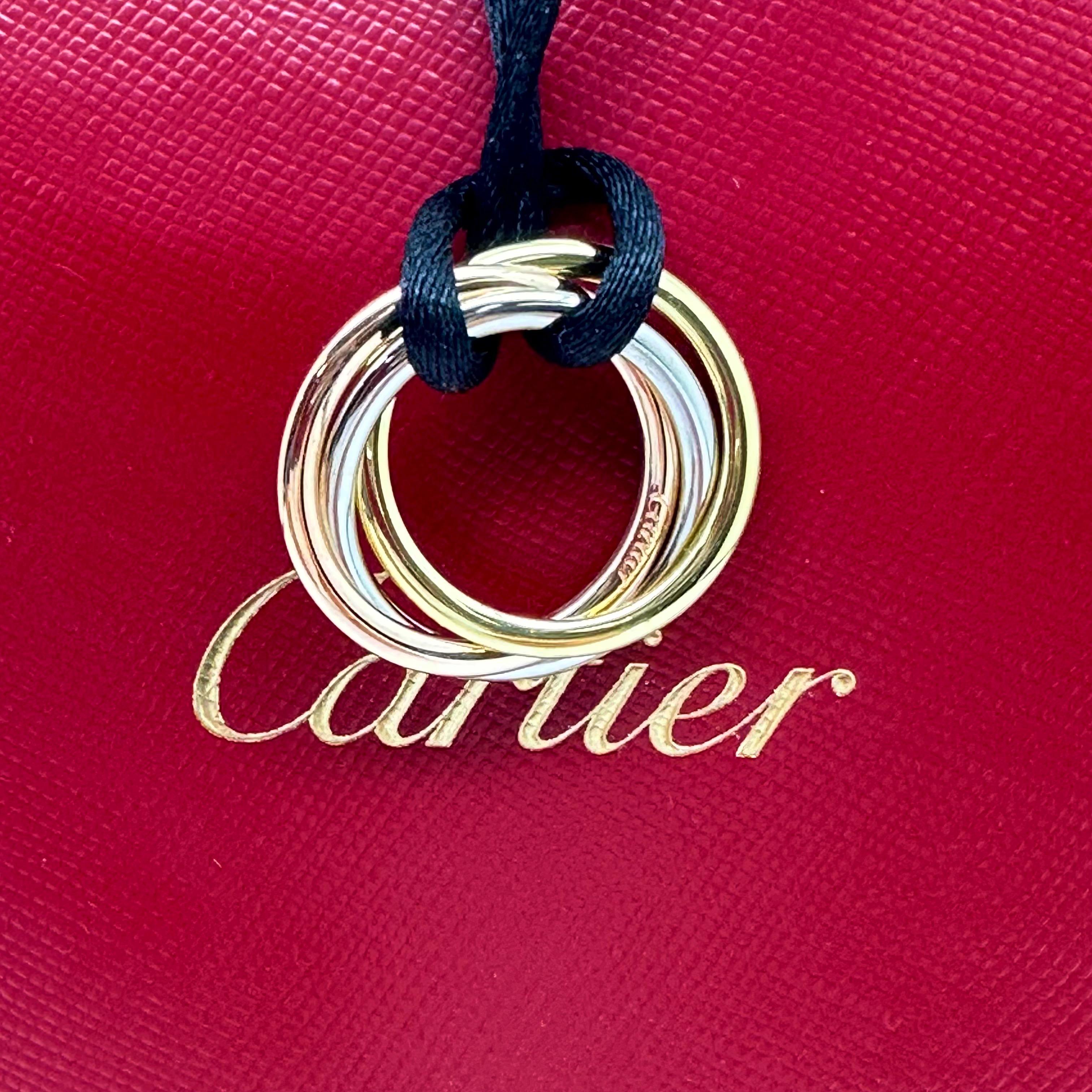 CARTIER Trinity Tri-Color Pendant on Silk Cord 18kt White Yellow Rose Gold For Sale 7