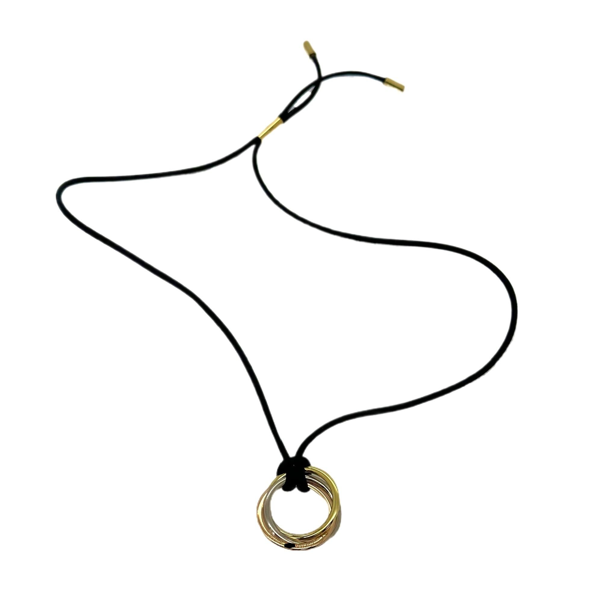 CARTIER Trinity Tri-Color Pendant on Silk Cord 18kt White Yellow Rose Gold For Sale 8