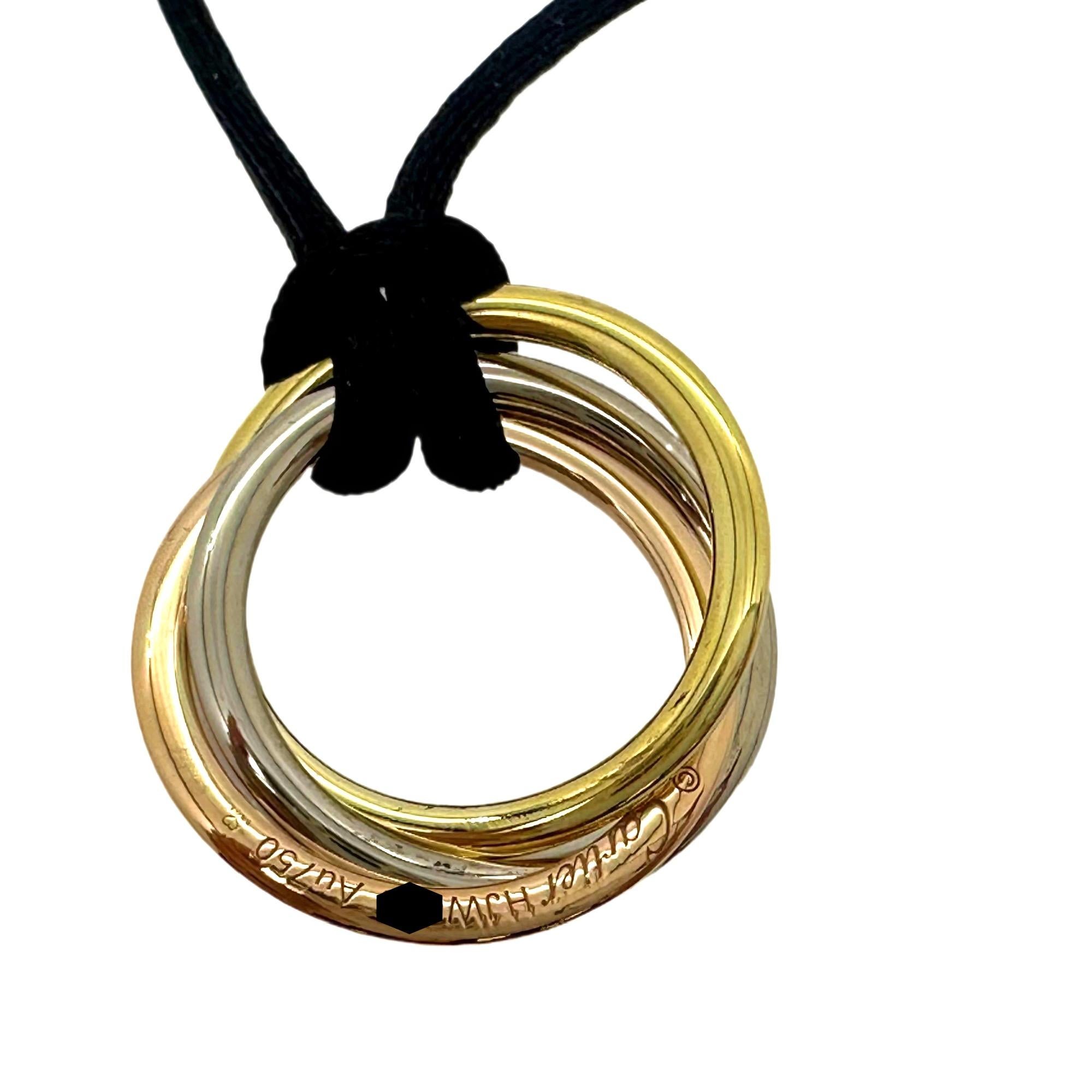 CARTIER Trinity Tri-Color Pendant on Silk Cord 18kt White Yellow Rose Gold For Sale 2