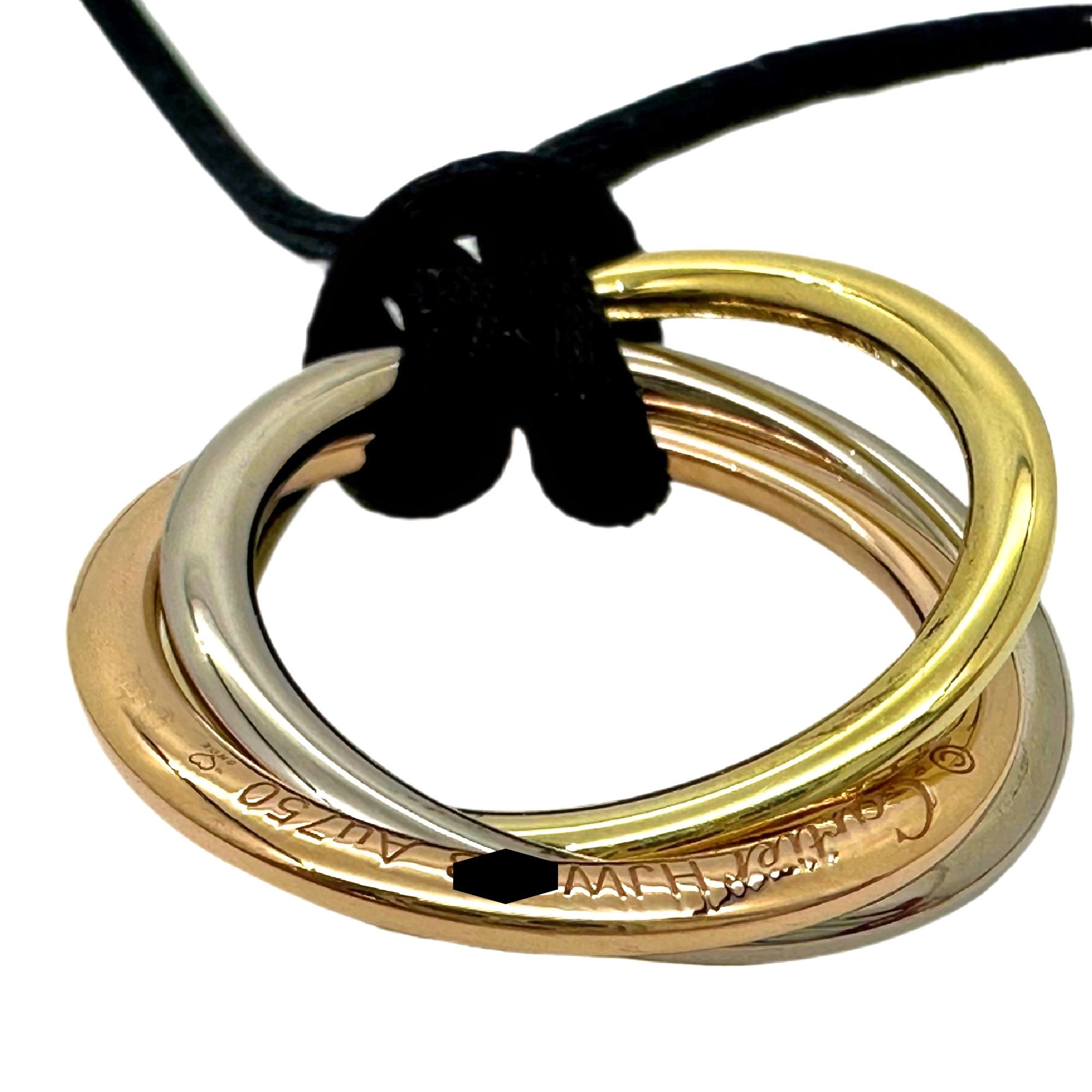 CARTIER Trinity Tri-Color Pendant on Silk Cord 18kt White Yellow Rose Gold For Sale 2