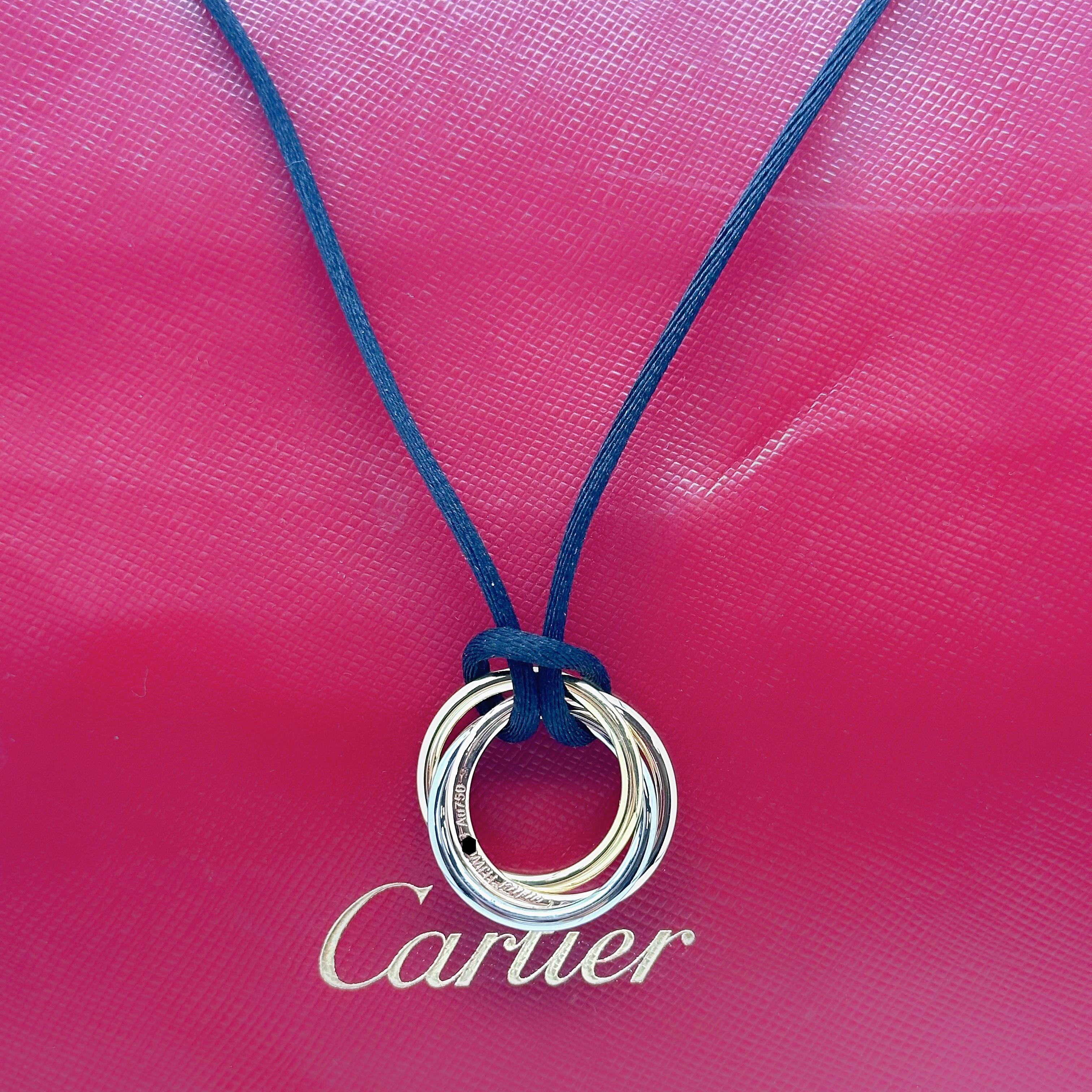 CARTIER Trinity Tri-Color Pendant on Silk Cord 18kt White Yellow Rose Gold For Sale 5