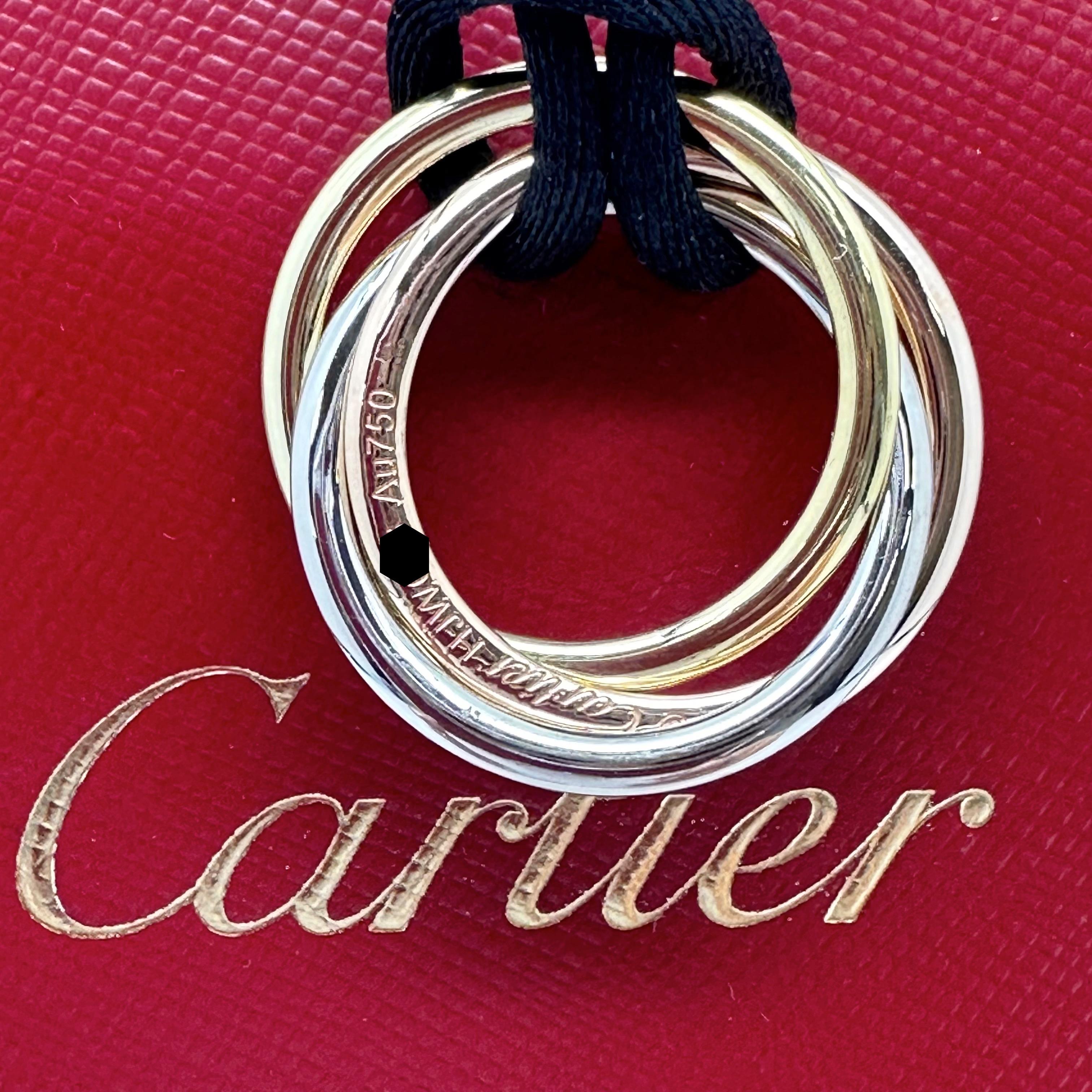 CARTIER Trinity Tri-Color Pendant on Silk Cord 18kt White Yellow Rose Gold For Sale 5