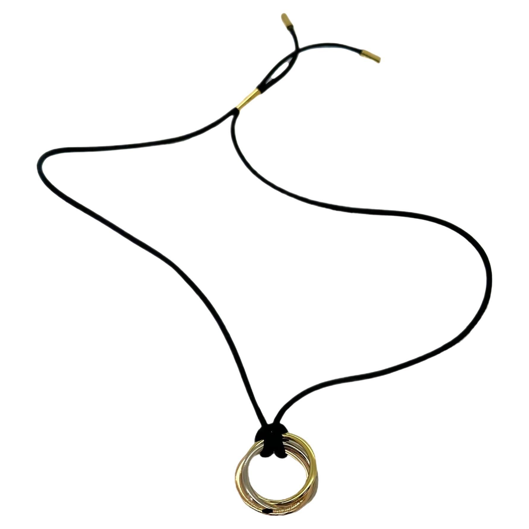 CARTIER Trinity Tri-Color Pendant on Silk Cord 18kt White Yellow Rose Gold For Sale