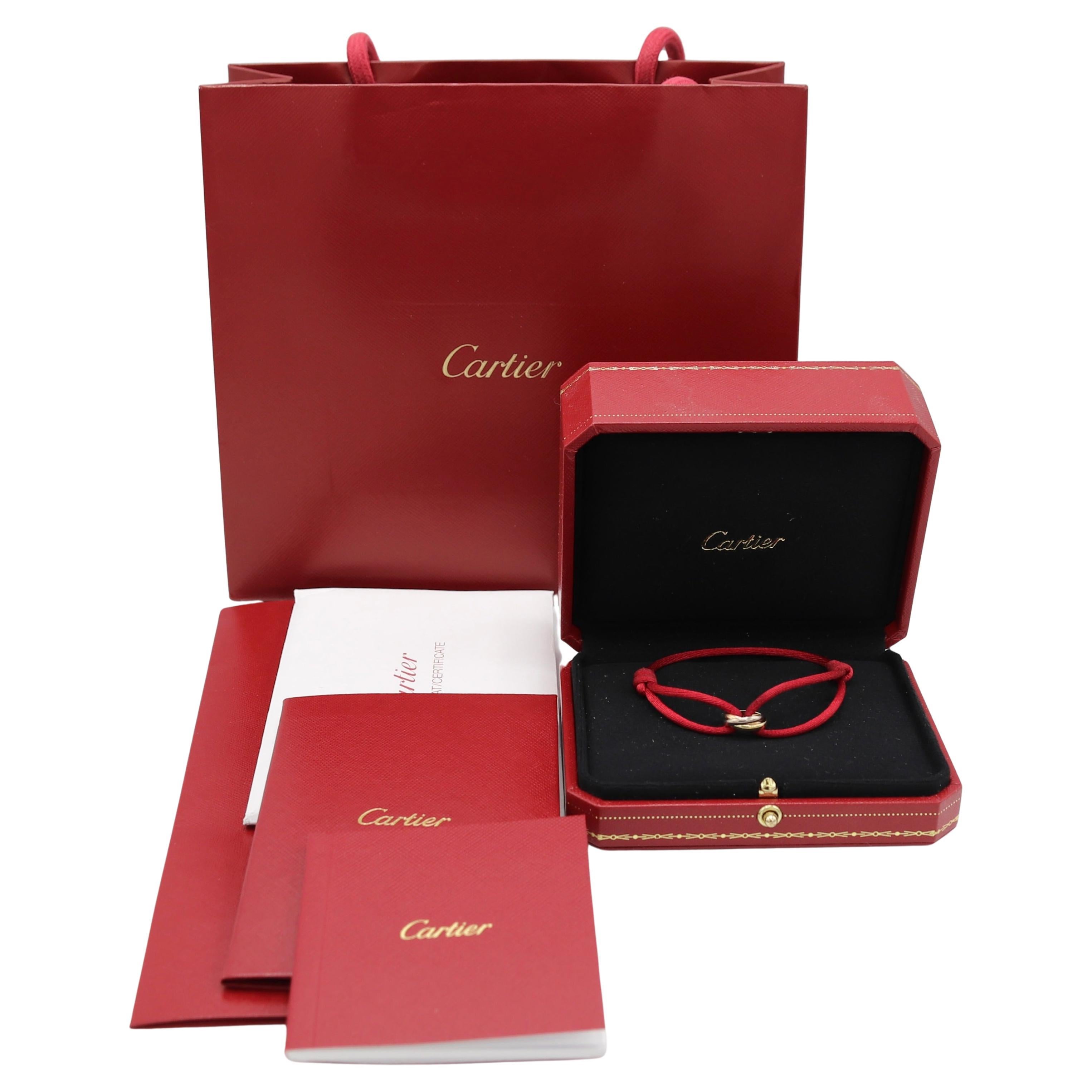 Cartier Trinity Tri-Color Rolling Bracelet on Adjustable Red Cord Box & Papers For Sale 2