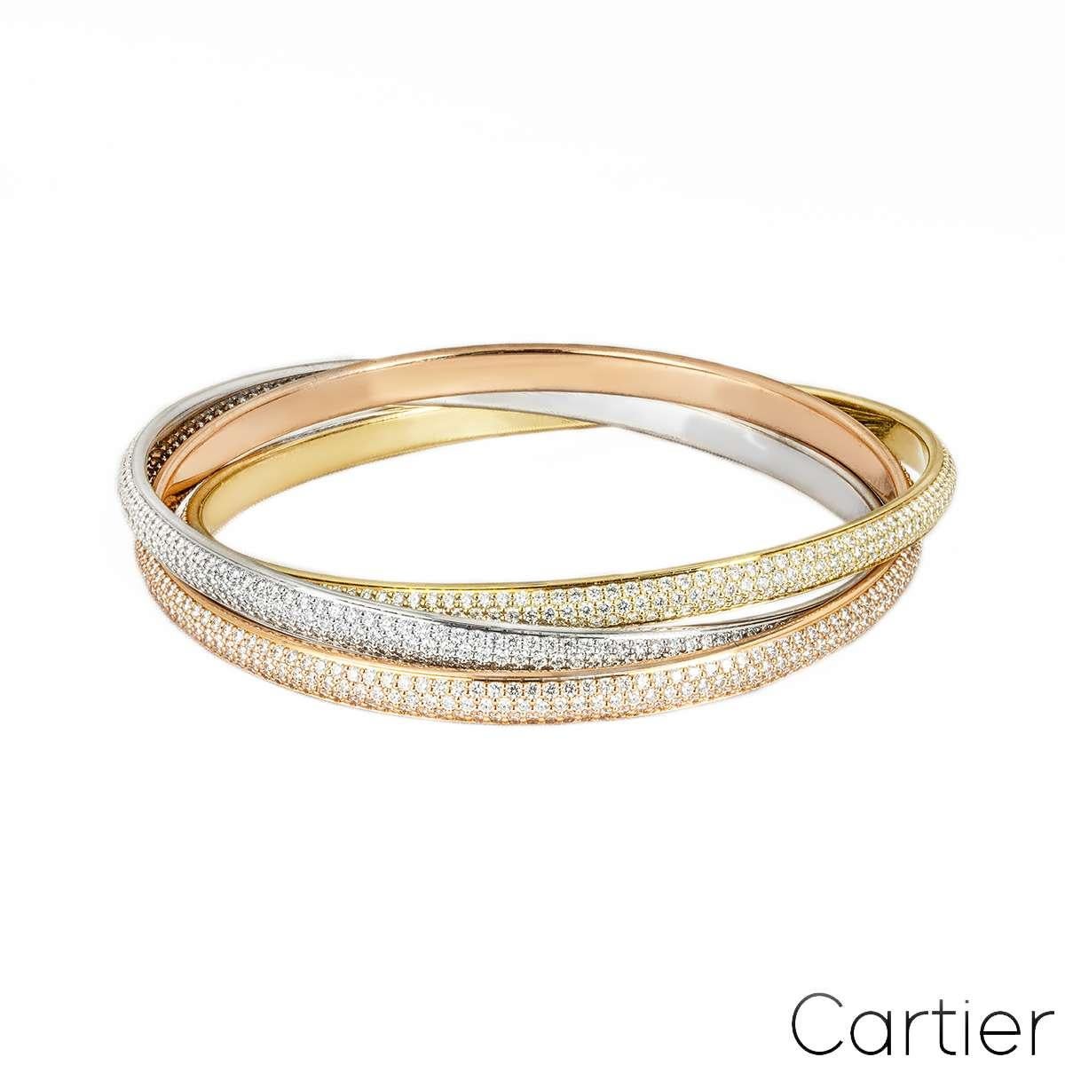 Cartier Trinity Pulsera de oro tricolor con pavé completo de diamantes 20 cm Corte brillante en venta