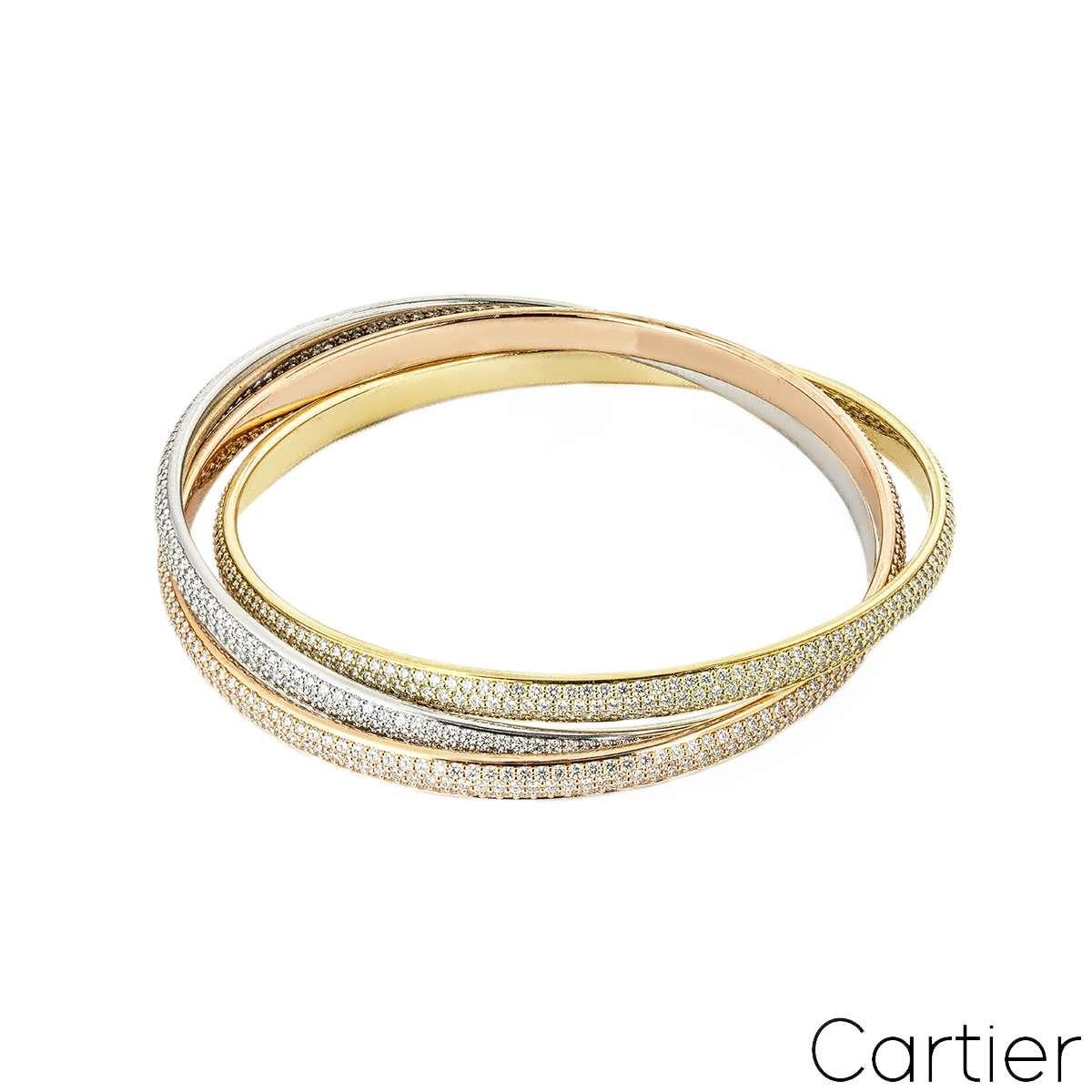Cartier Trinity Pulsera de oro tricolor con pavé completo de diamantes 20 cm en Excelente estado para la venta en Mayfair, London, London