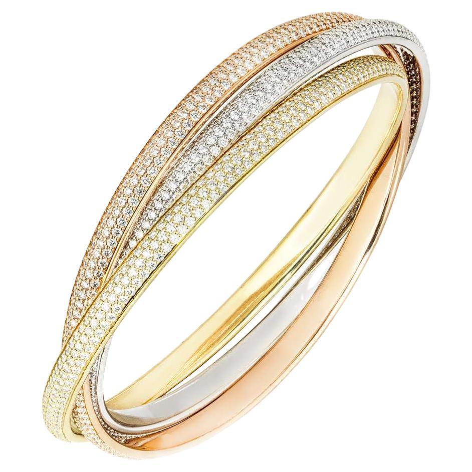 Cartier Trinity Pulsera de oro tricolor con pavé completo de diamantes 20 cm en venta