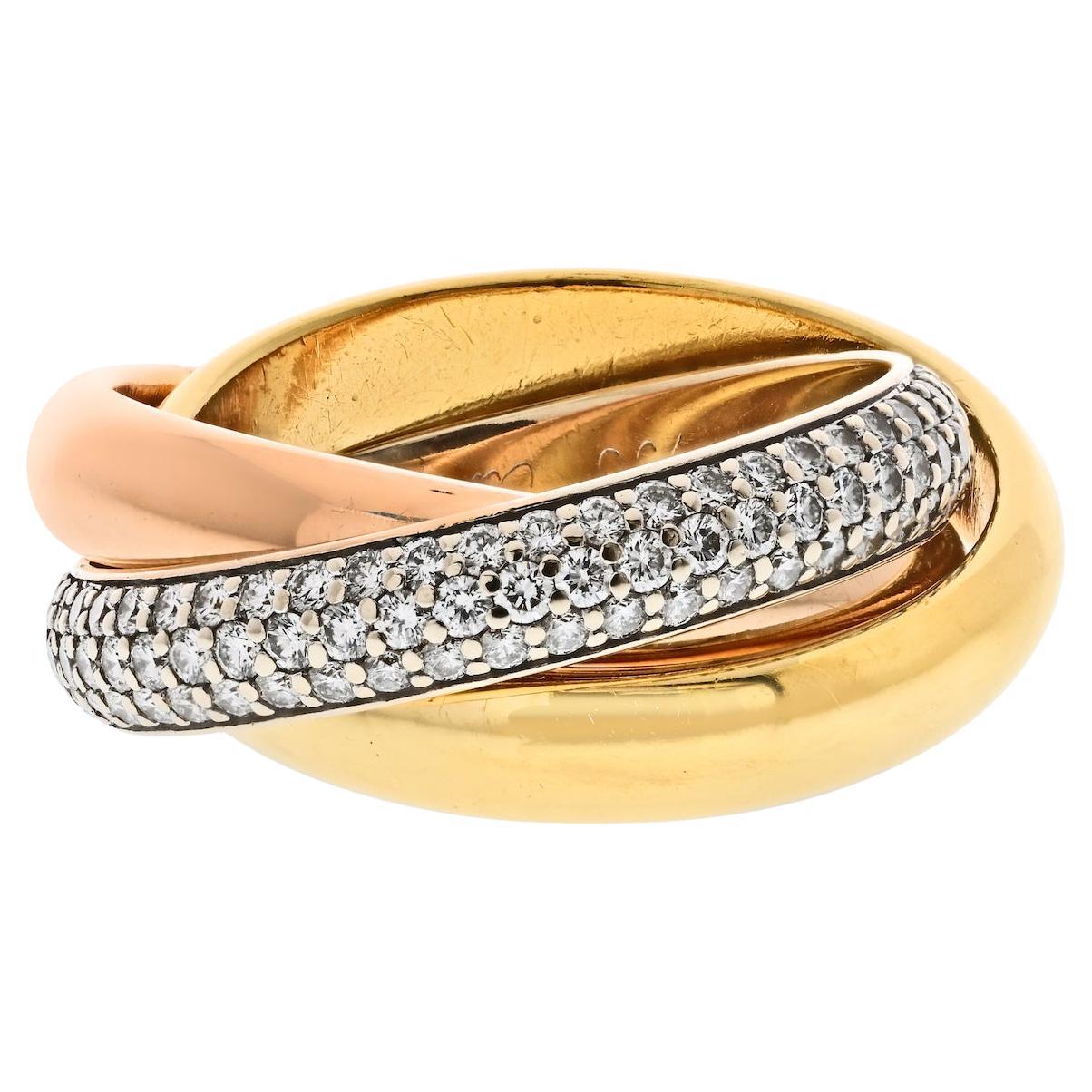 Cartier Trinity Tricolor 18k Tri Color Triple Row Pave EU Size 51 Diamond  Ring For Sale at 1stDibs