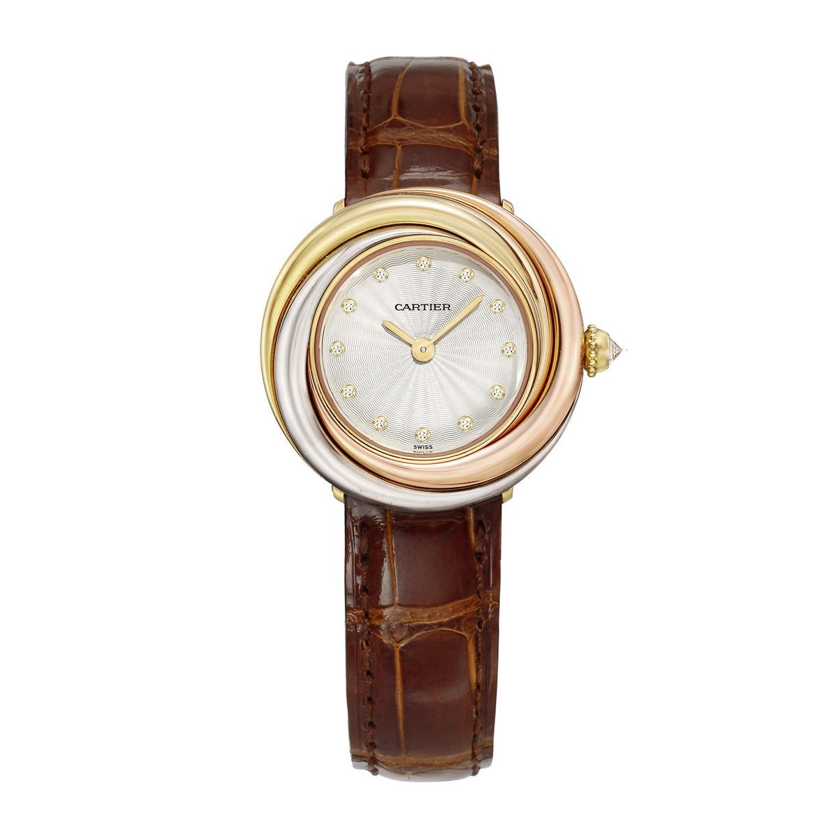 Pre-owned Trinity de Cartier wristwatch (ref. W200246), featuring a Swiss-made quartz movement; silvered guilloché dial with diamond-set hour markers; and 26.9mm, 18k yellow, rose and white gold case on a brown alligator strap secured by the Cartier