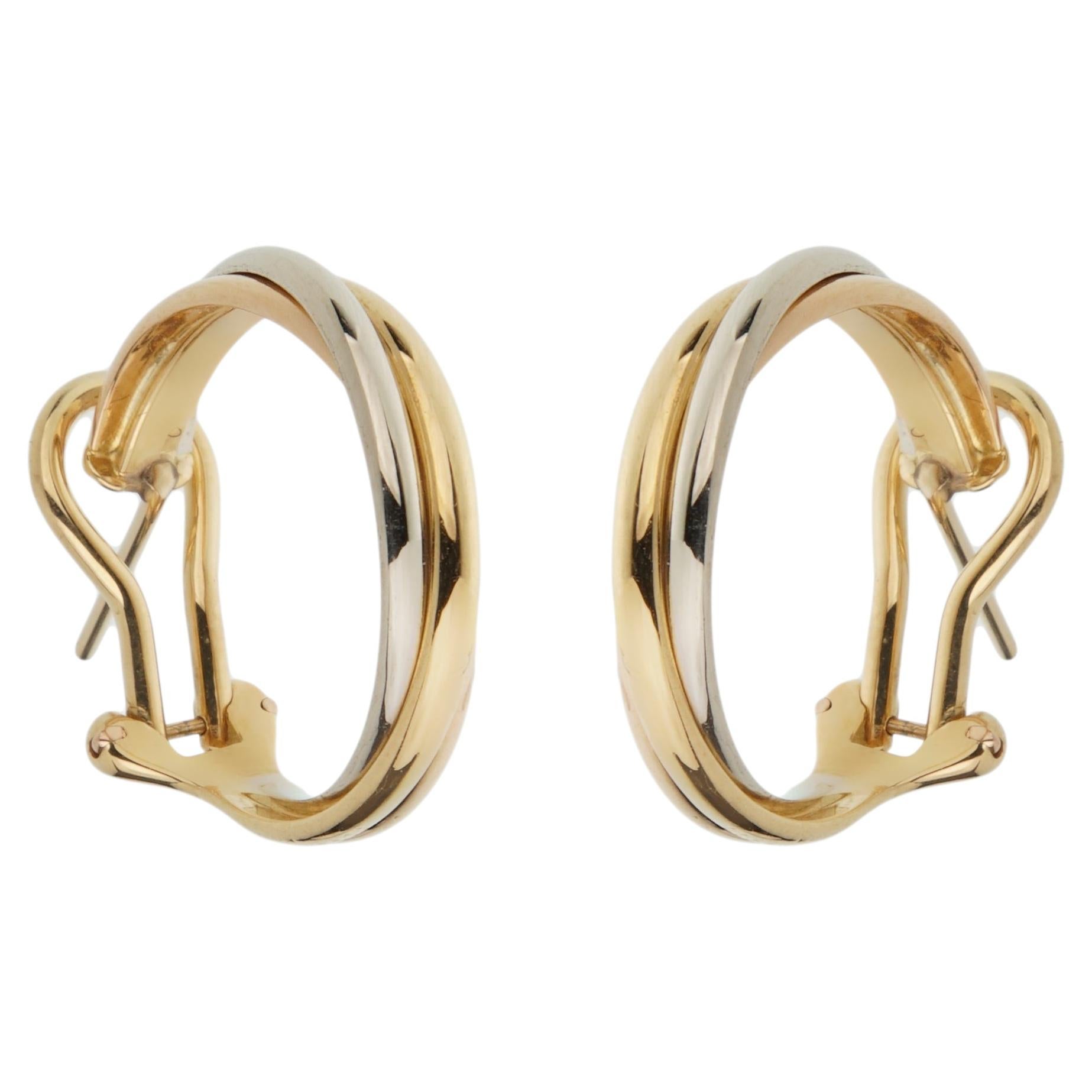 Cartier Trinity Vintage Hoop Earrings — 18K Tri-Color Gold, Yellow, White &