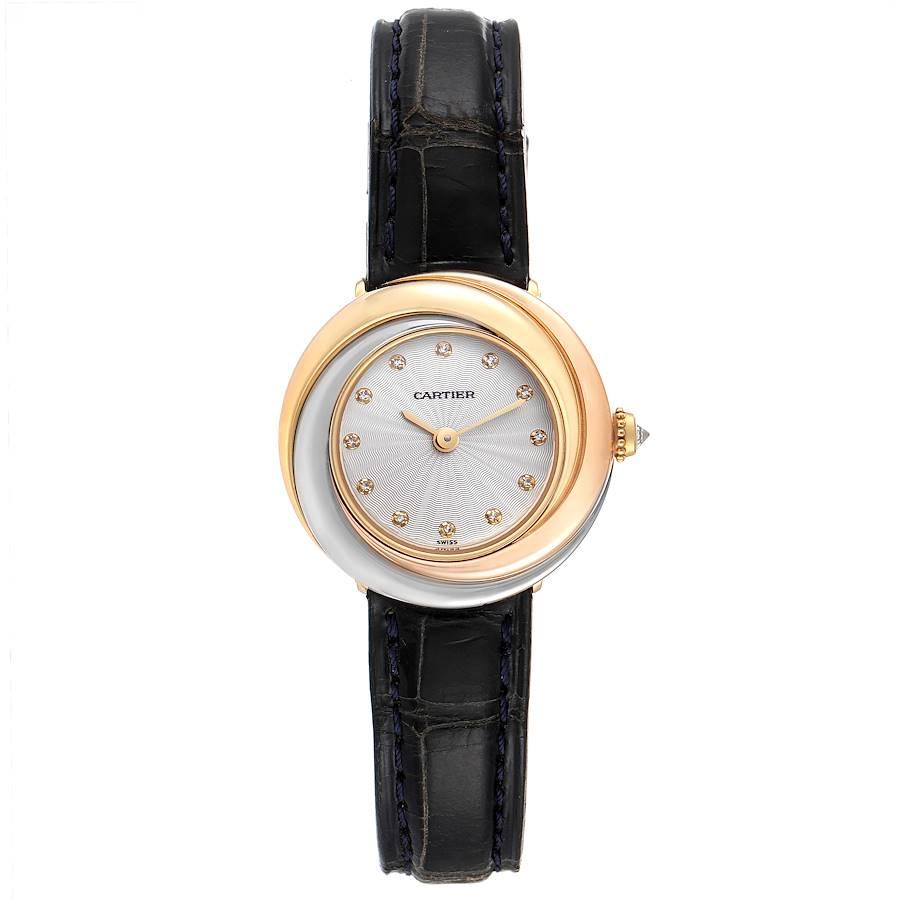 Cartier Trinity White Yellow Rose Gold Diamond Ladies Watch W200246. Quartz movement. 18K yellow gold case 26.9 mm in diameter. Circular grained crown set with the diamond. Tricolor 18K rose, white and yellow gold twist bezel. Scratch resistant