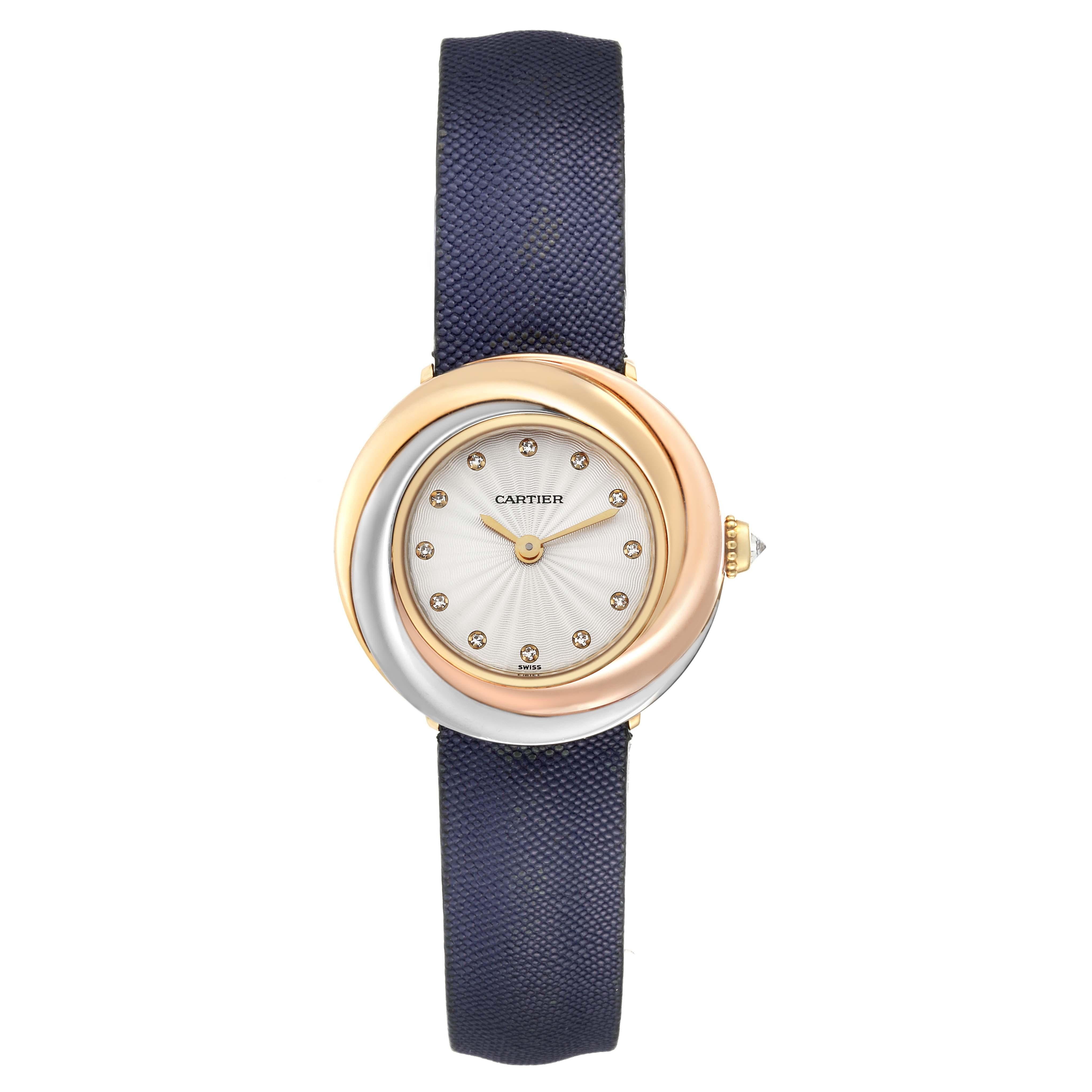 Cartier Trinity White Yellow Rose Gold Diamond Ladies Watch WG200256. Quartz movement. 18K yellow gold case 26.9 mm in diameter. Circular grained crown set with an original Cartier factory diamond. Tricolor 18K rose, white, and yellow gold twist