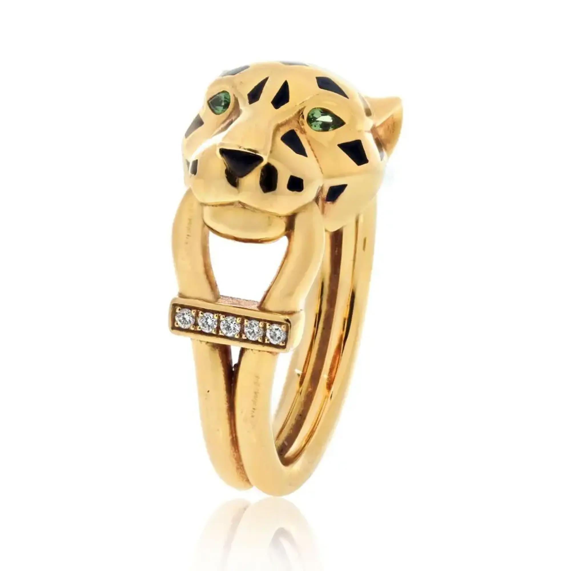 Modern Cartier Tsavolrite Garnets Black Lacquer Diamond Panthere Ring 18K Yellow Gold For Sale