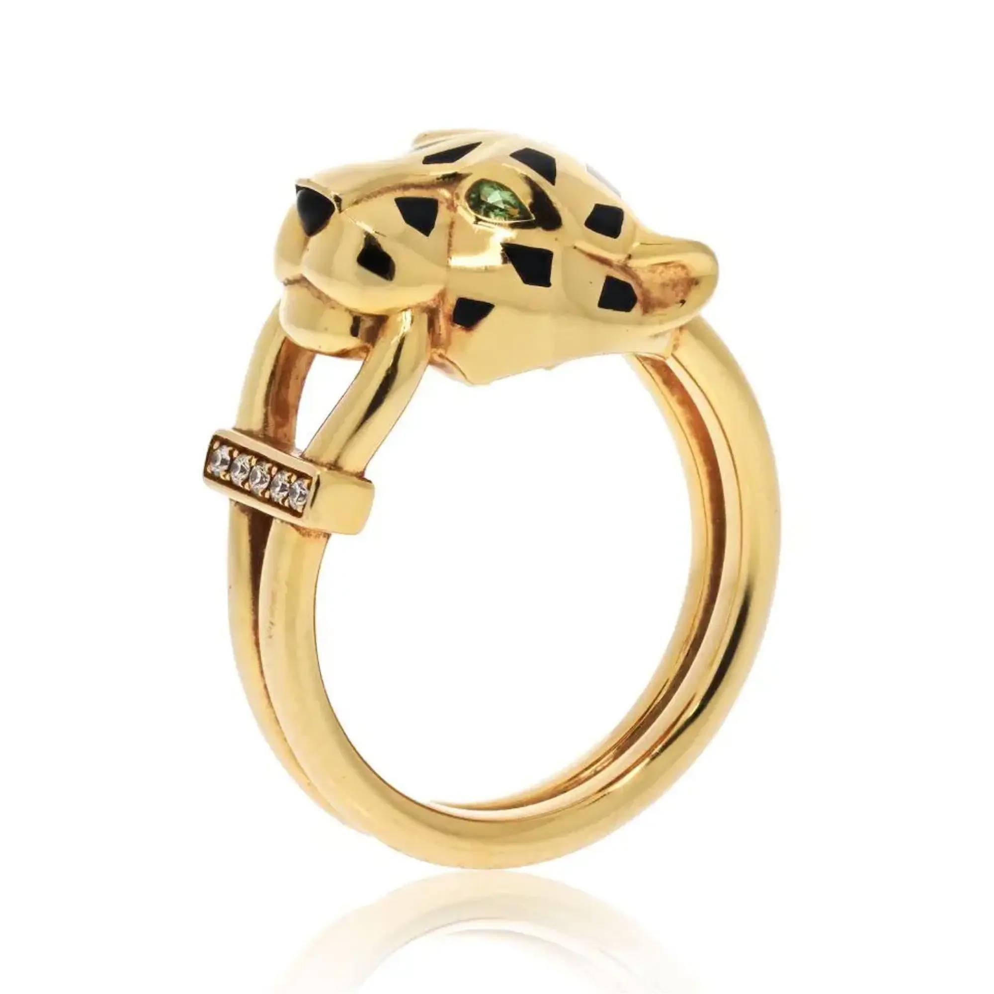 Round Cut Cartier Tsavolrite Garnets Black Lacquer Diamond Panthere Ring 18K Yellow Gold For Sale