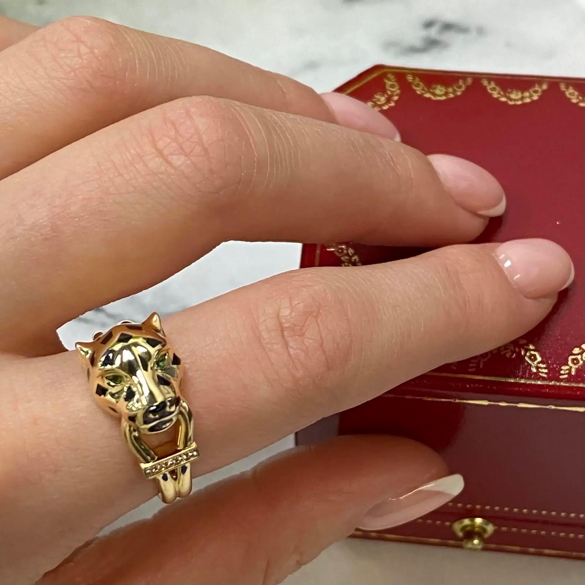 Cartier Tsavolrite Garnets Black Lacquer Diamond Panthere Ring 18K Yellow Gold In Excellent Condition For Sale In New York, NY