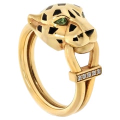 Cartier Tsavolrite Garnets Black Lacquer Diamond Panthere Ring 18K Yellow Gold