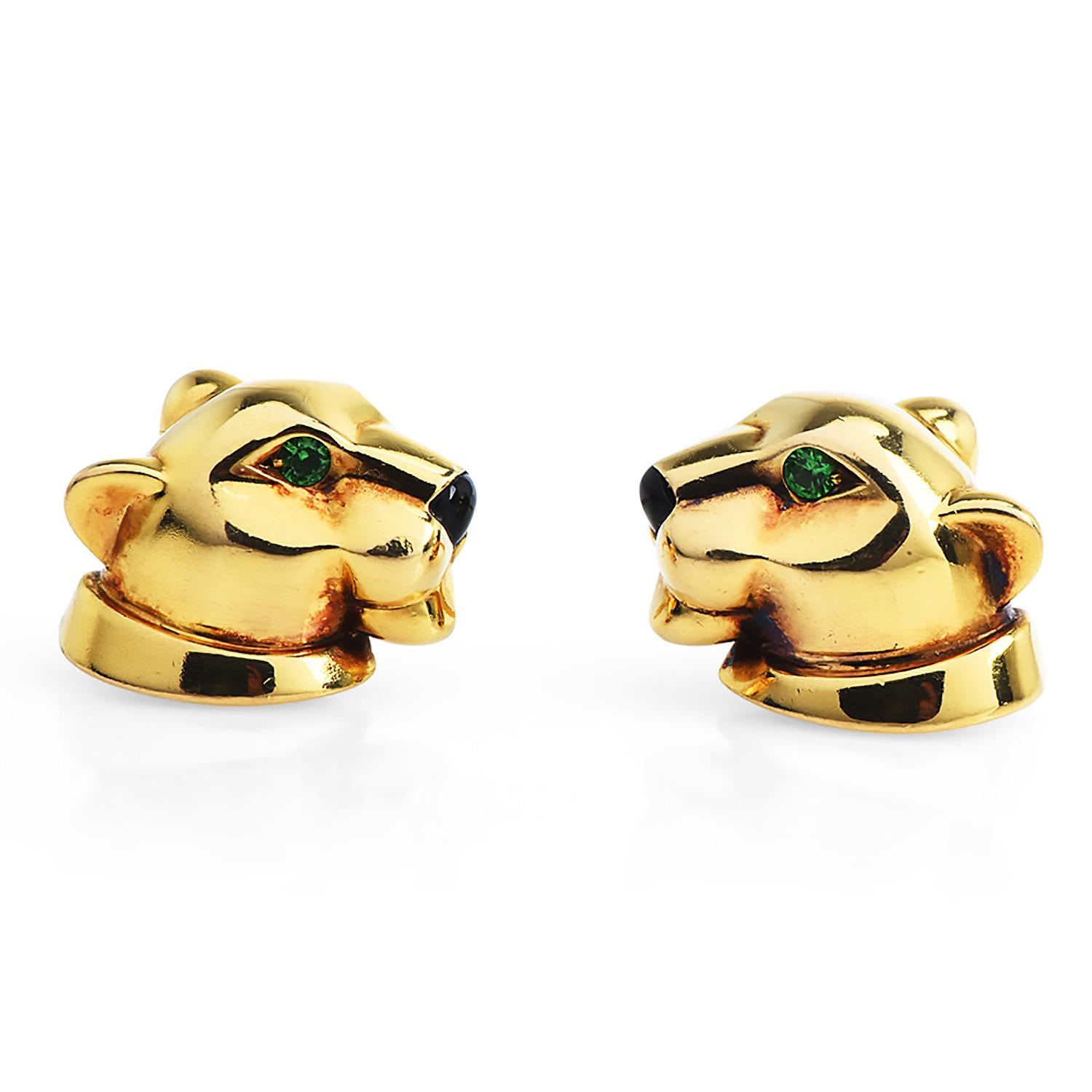 1990's Panthere de Cartier exquisite stud inspired by the classic panther face design.

Crafted in solid 18K Yellow Gold, the eyes are made of 2 Tsavorites , round-cut weighing collectively carats.

The nose is created by two onyx cabochon cut