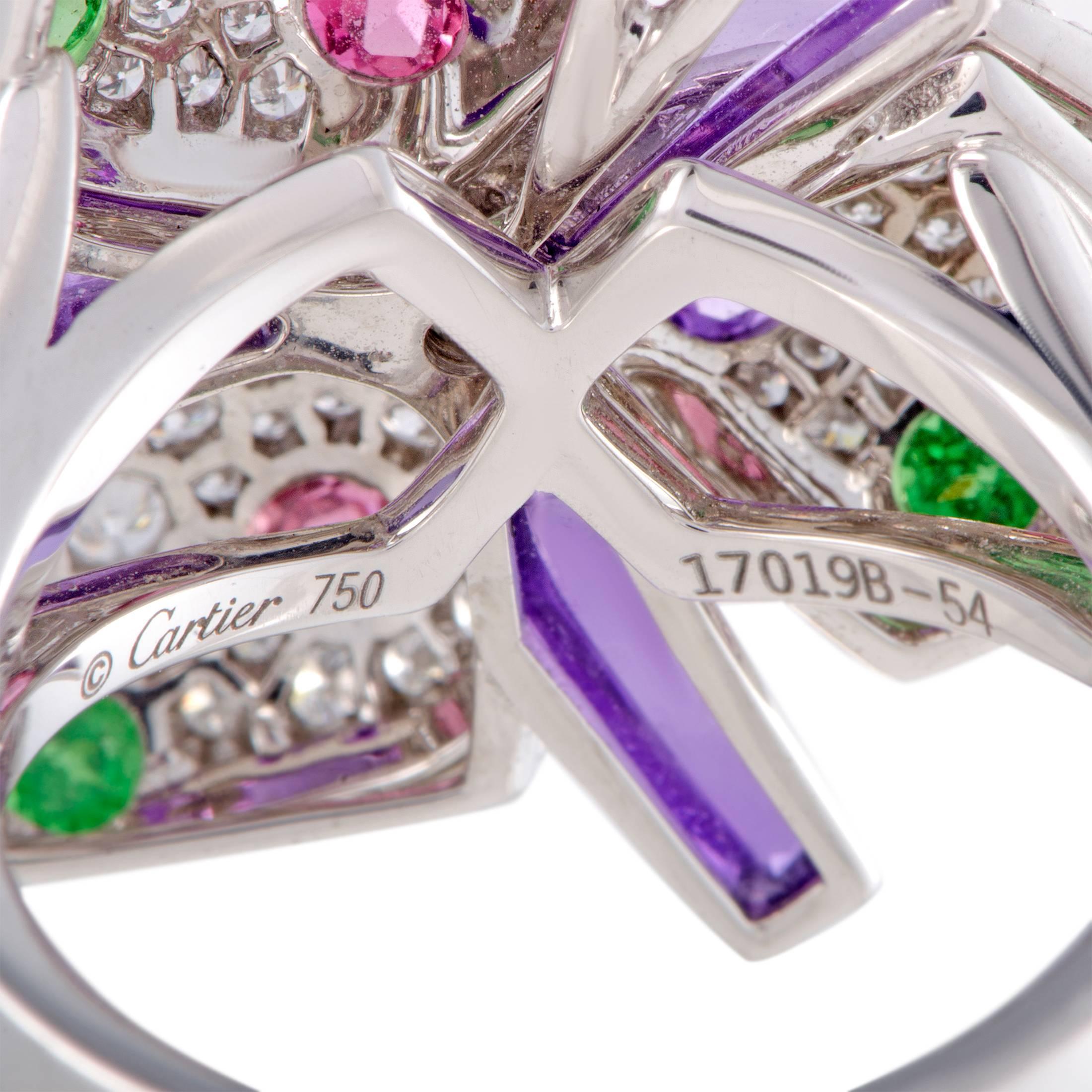 Cartier Tsavorite, Pink Tourmaline, Amethyst and Diamond Gold Flower Ring In Excellent Condition In Southampton, PA