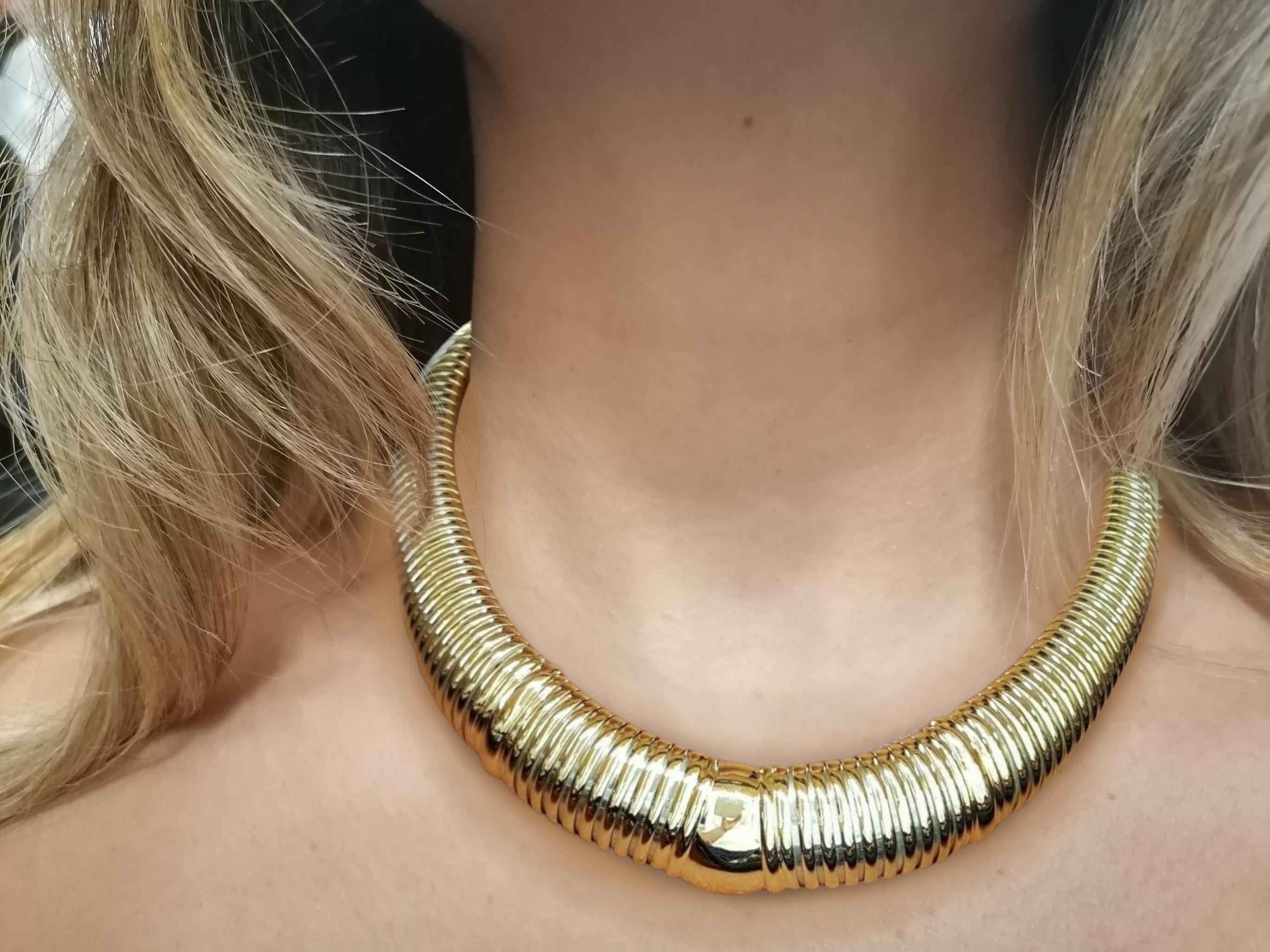 Cartier Tubogas necklace made in 18 carat yellow gold and stainless steel.

Weighing 94 grams it is a very comfortable weight to wear and feels unlike any other style of necklace.

 This is such an attractive, magnificent and incredibly hard to fine